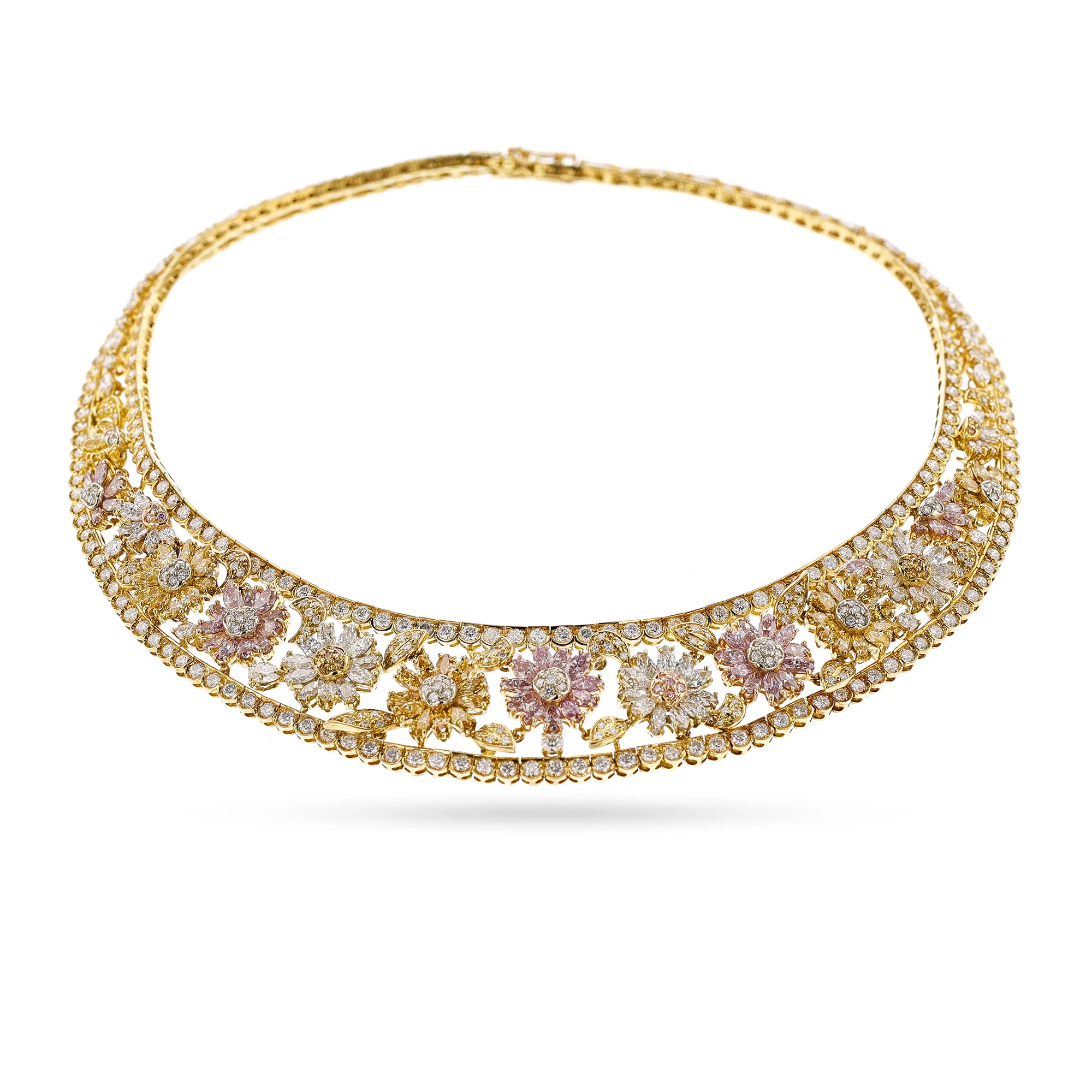 Floral Yellow, White and Pink Diamond Necklace, 18k, Stefan Hafner