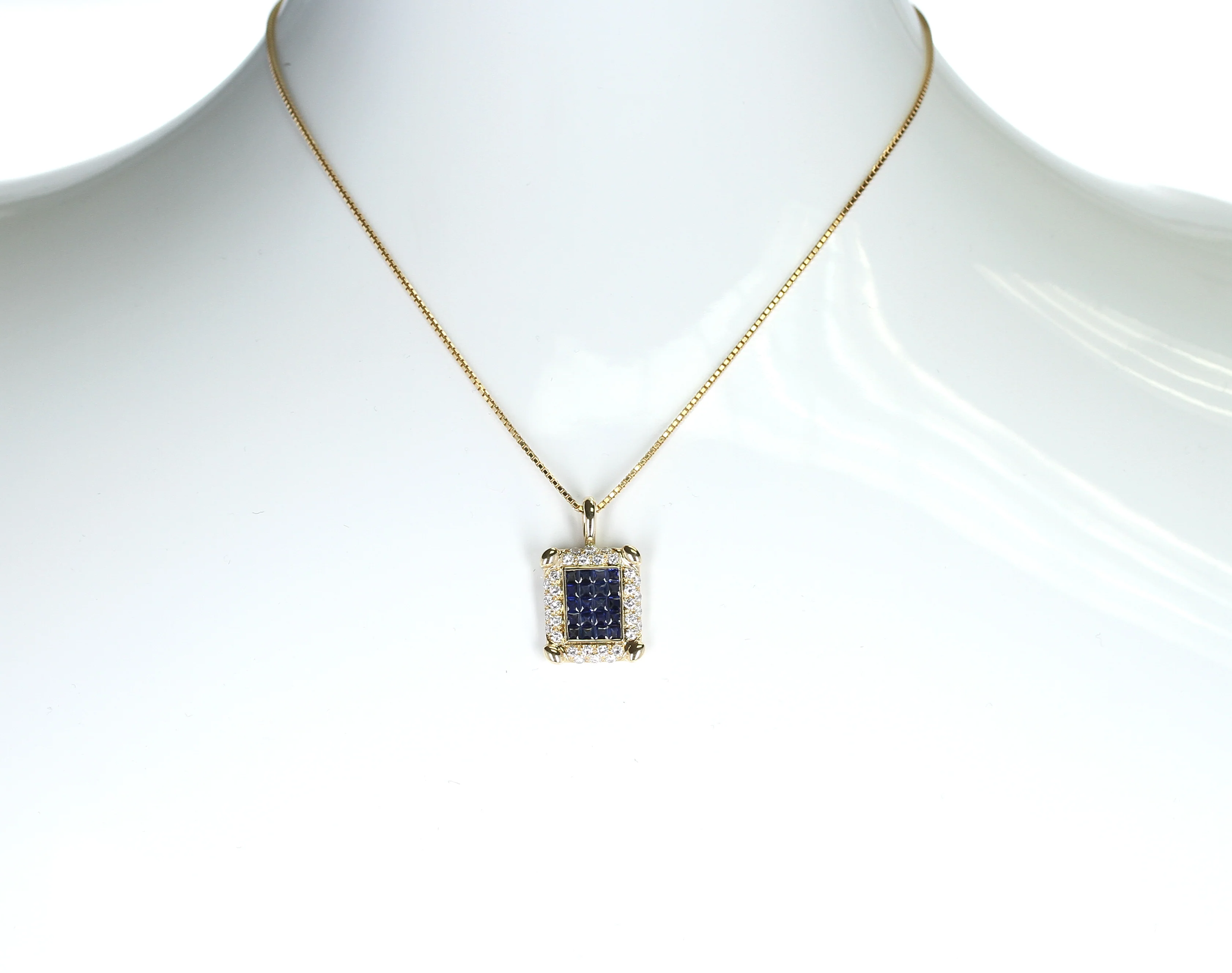 Rectangular Invisibly Set Sapphire Pendant with Diamonds, 18K Yellow Gold