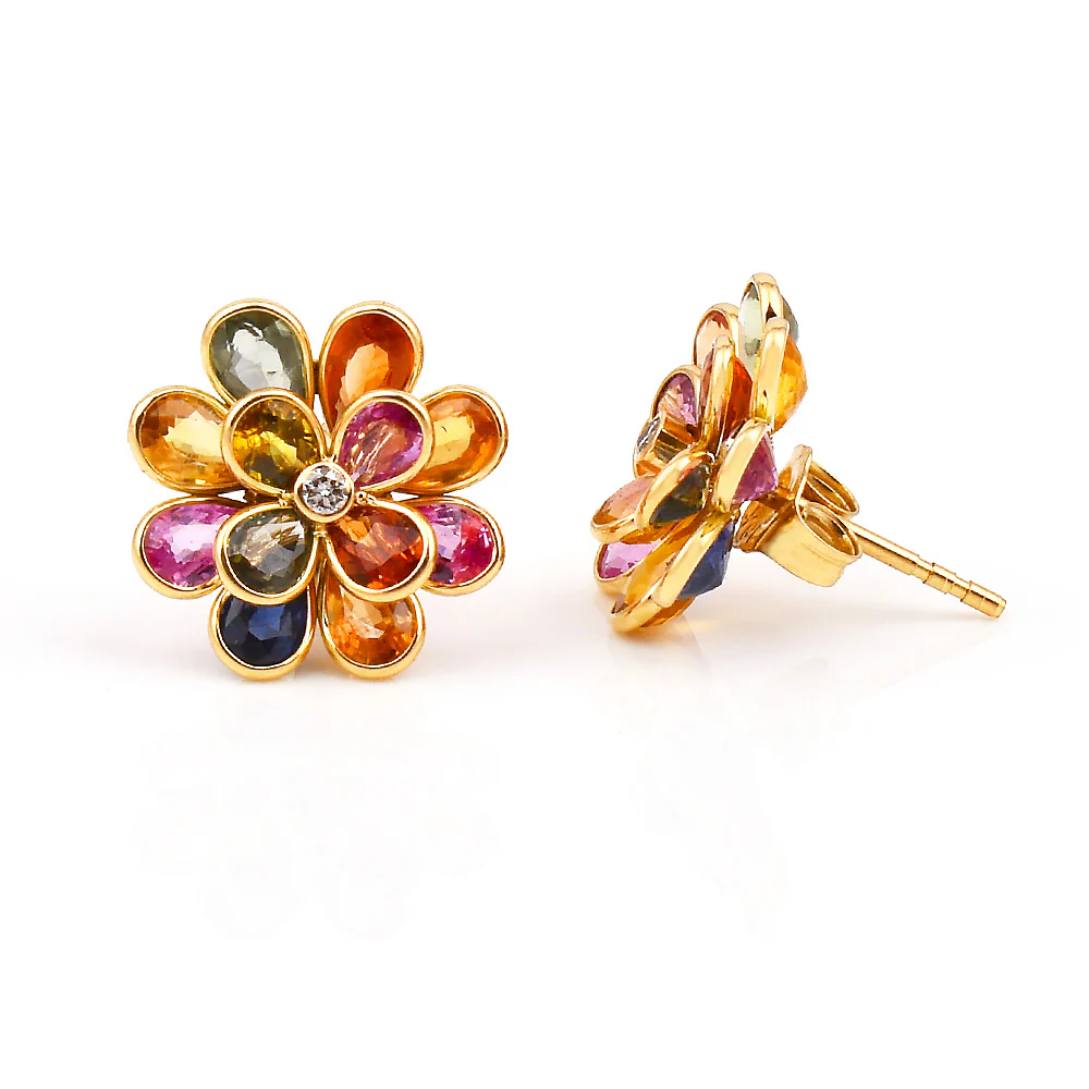 Multi Sapphire Pear Shape Bezel Set Floral Earrings made in 18 Karat Yellow Gold.