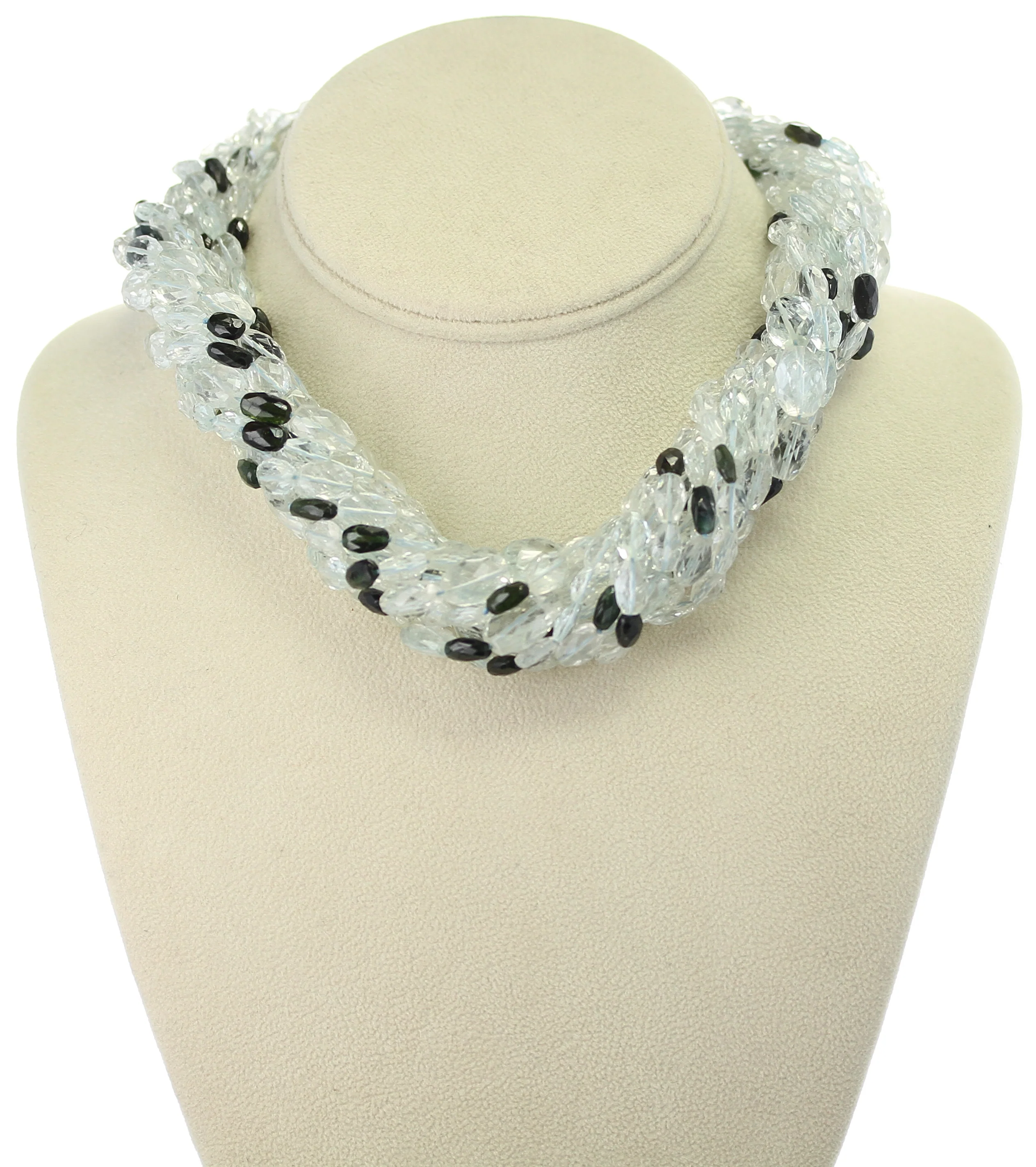 Genuine & Natural Aquamarine Faceted Tumbled Beads with Tourmaline Choker Necklace