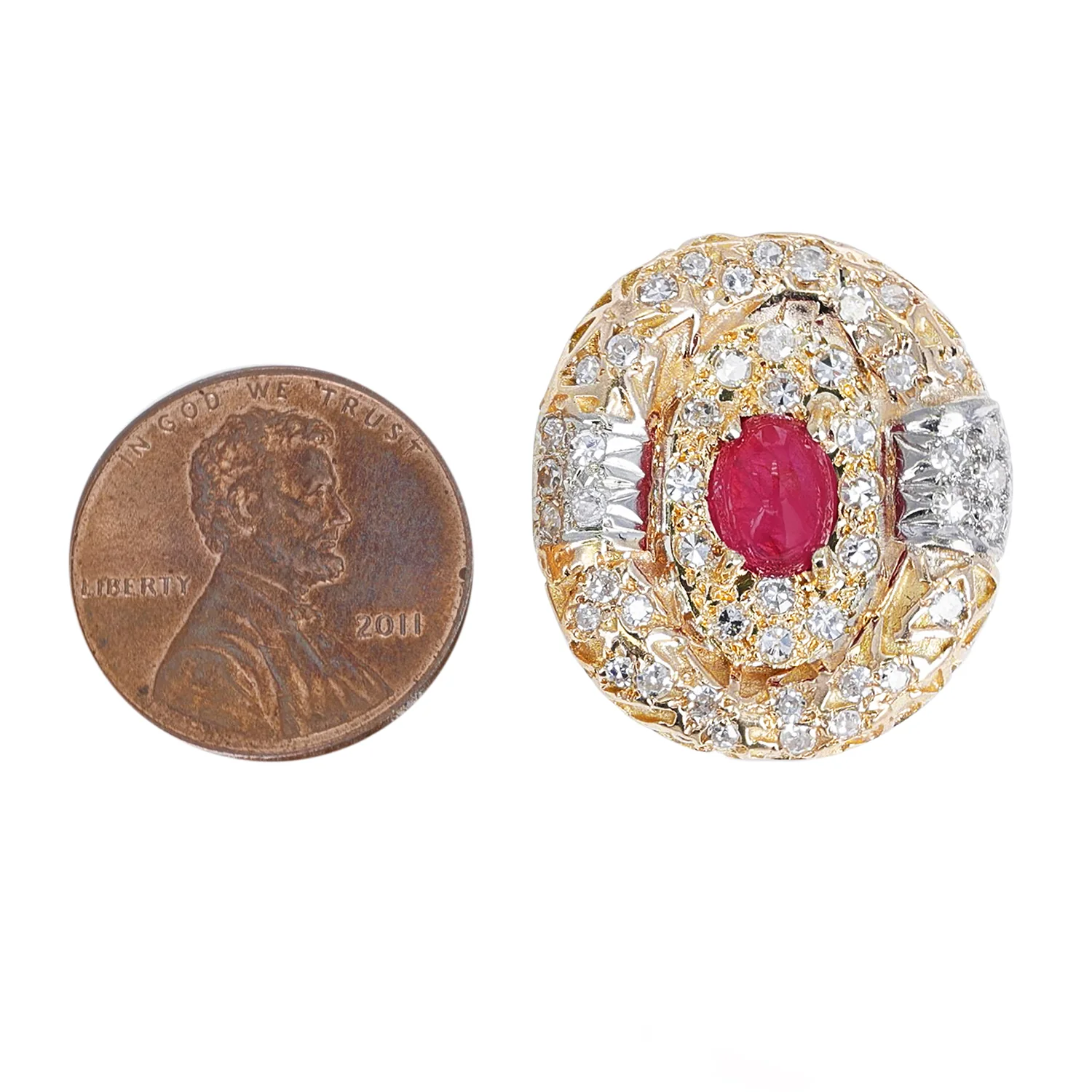 14K Hammered Gold Oval Ruby Cabochon and Diamond Oval Earrings