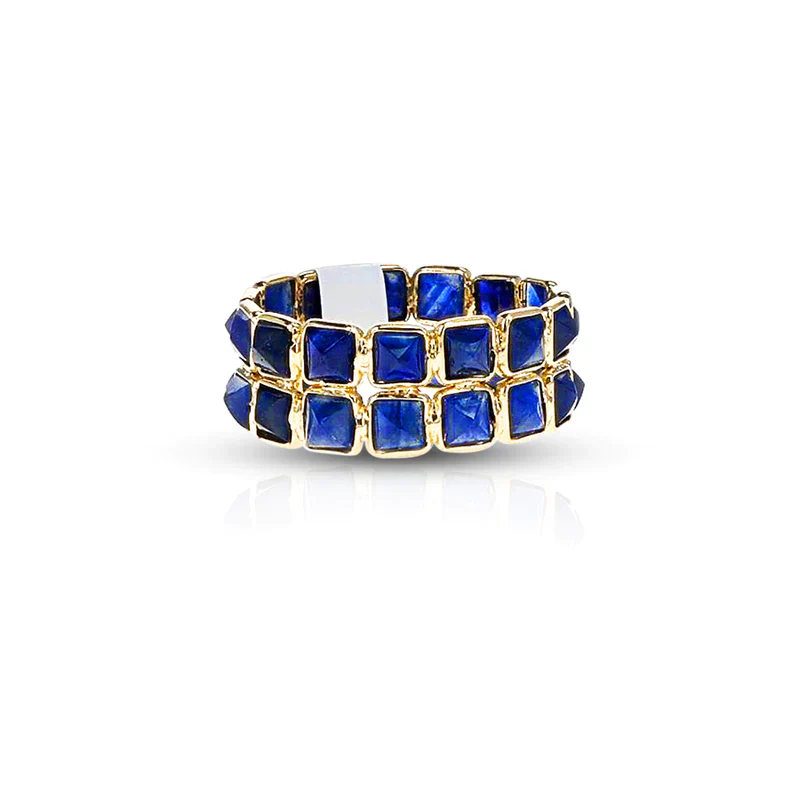 Blue Sapphire Pyramid Cabochon Ring Band, 18k Yellow Gold