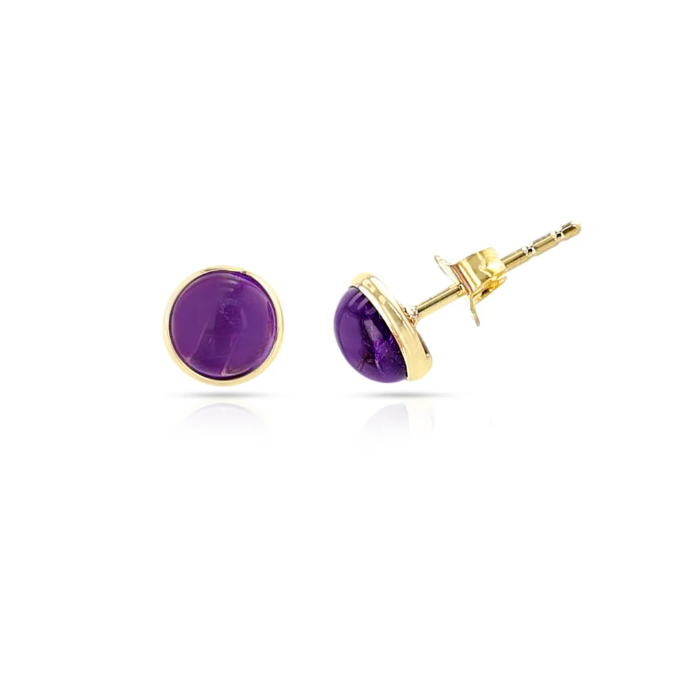 Amethyst Round Cabochon Studs, 14K