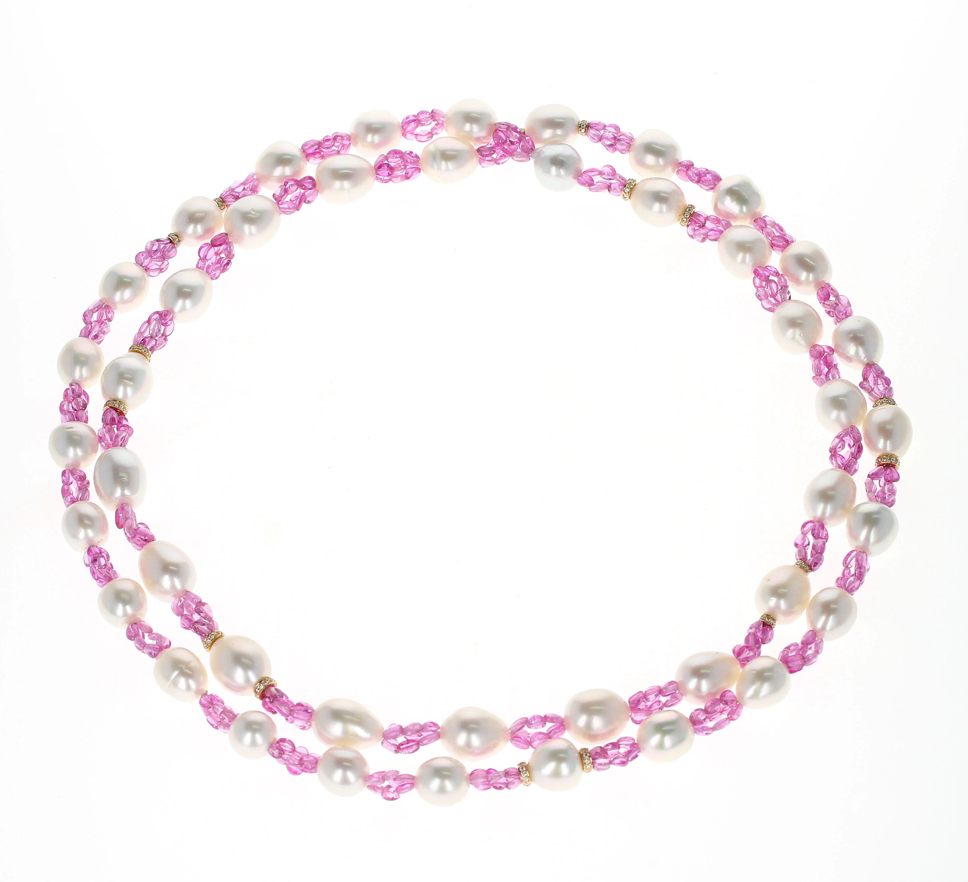South Sea Pearl, Pink Sapphire, and Diamond & Gold Roundels Beads Necklace
