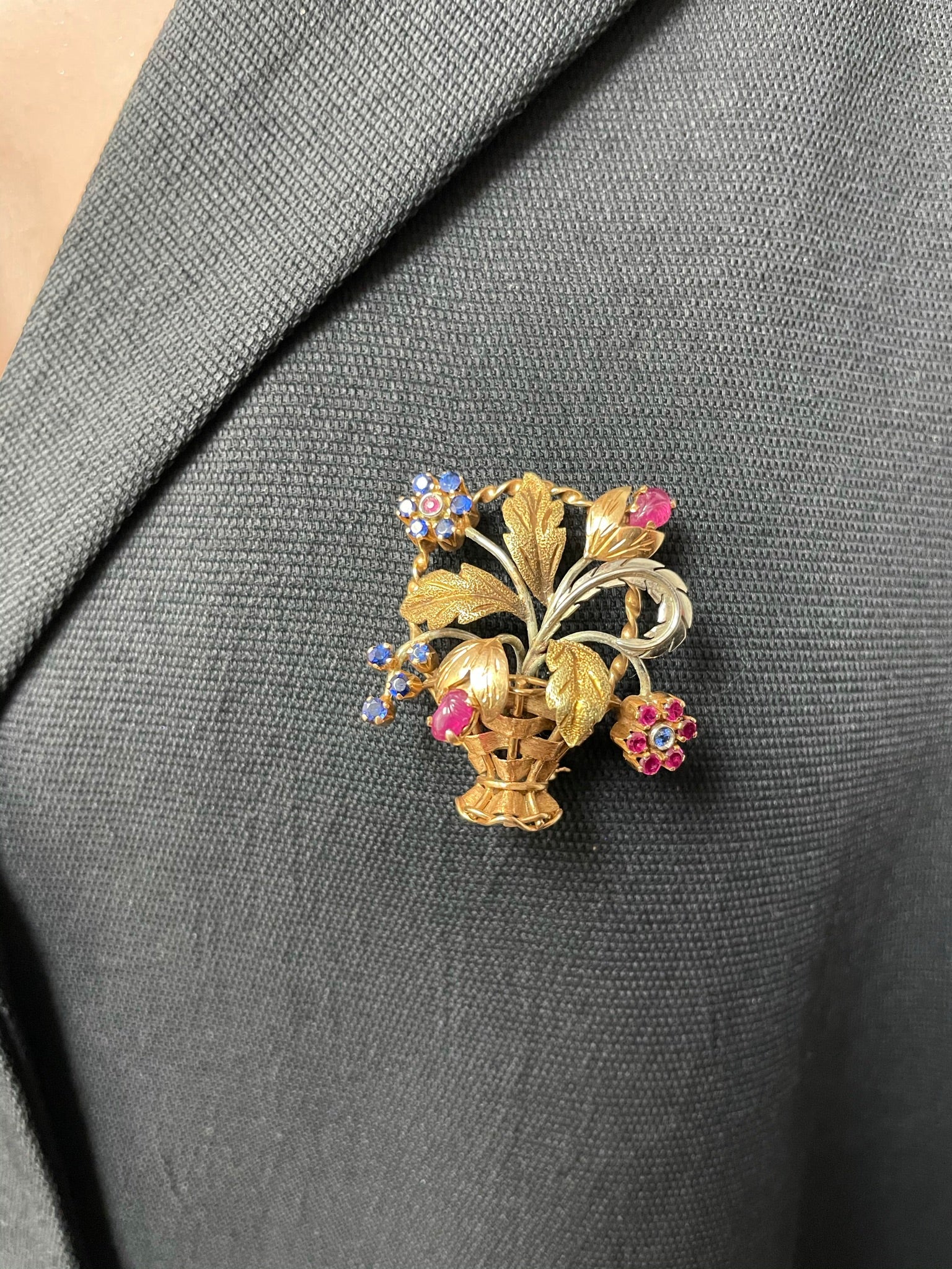 Cartier Ruby and Sapphire Flower Bouquet Brooch, 18 Karat Two Tone Gold