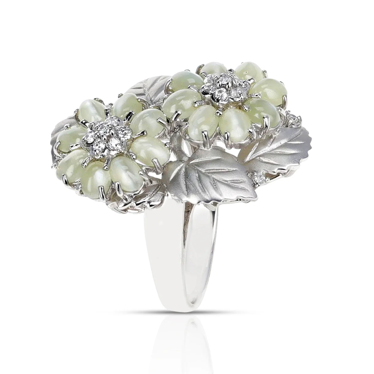 Cat's Eye Tourmaline Cabochon Double Flower and Diamond Ring, 18K