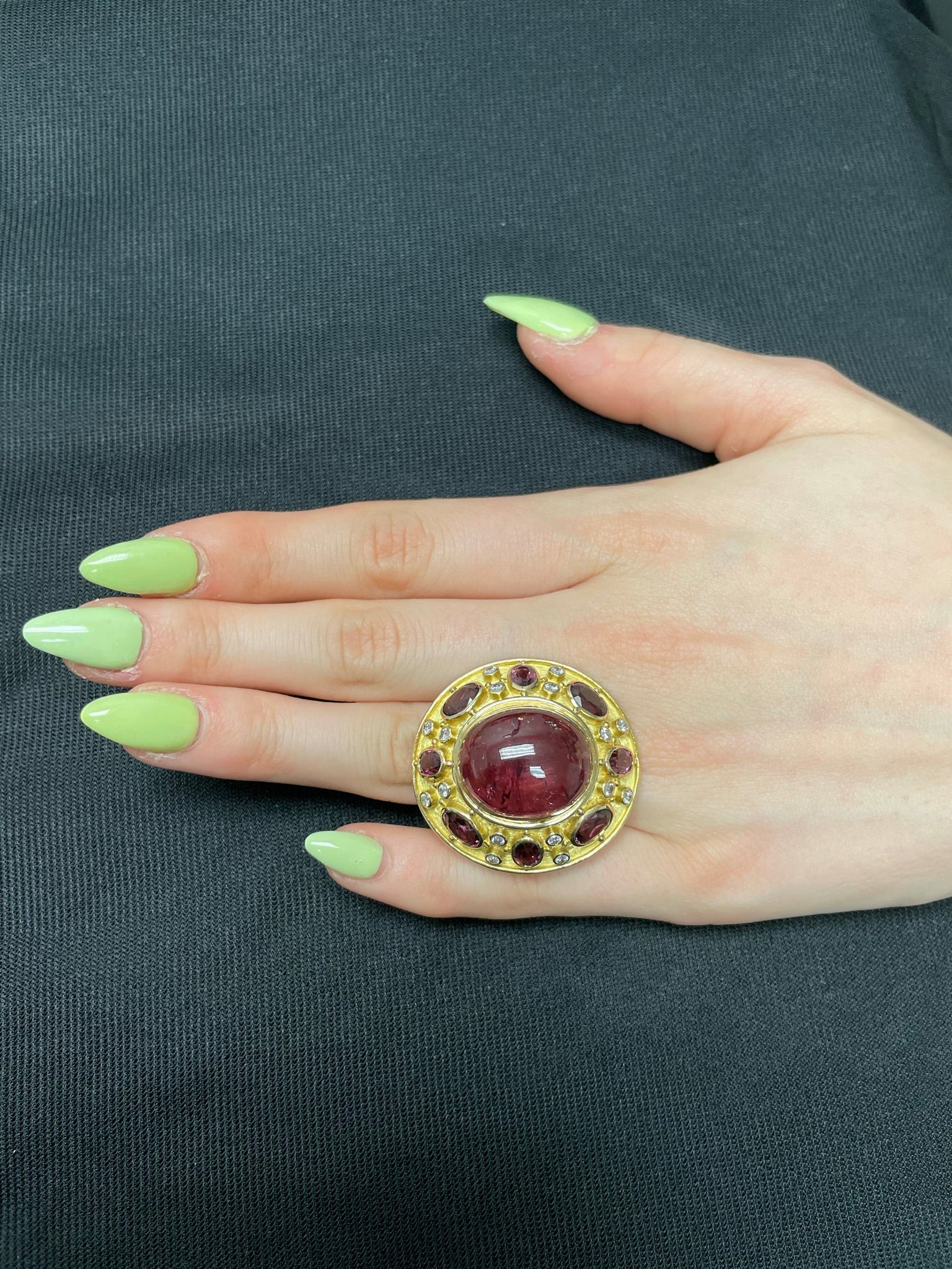 Pink Tourmaline Cabochon Cocktail Ring with Diamonds by Elizabeth Gage