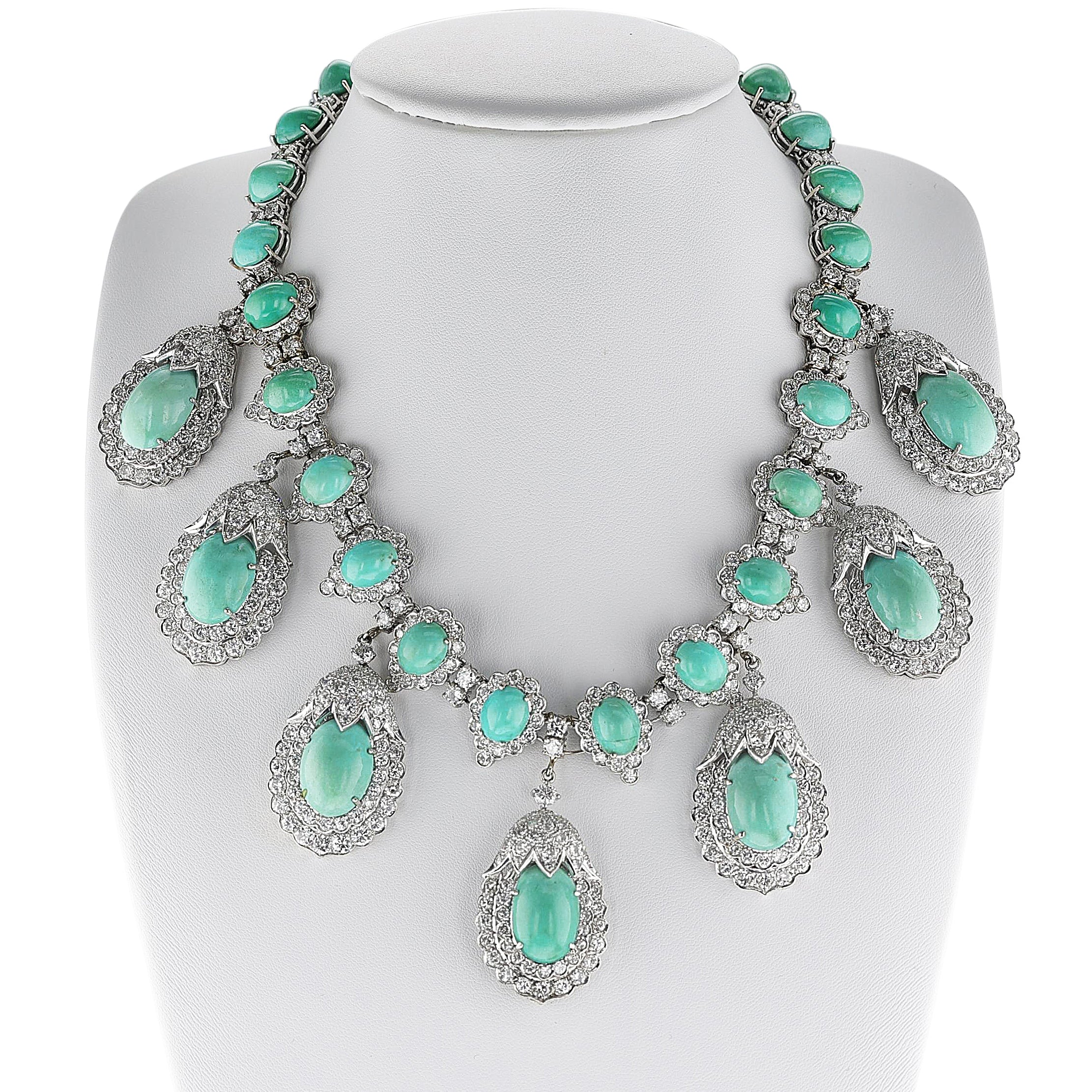 Turquoise Cabochon and Diamond Statement Necklace, 14k