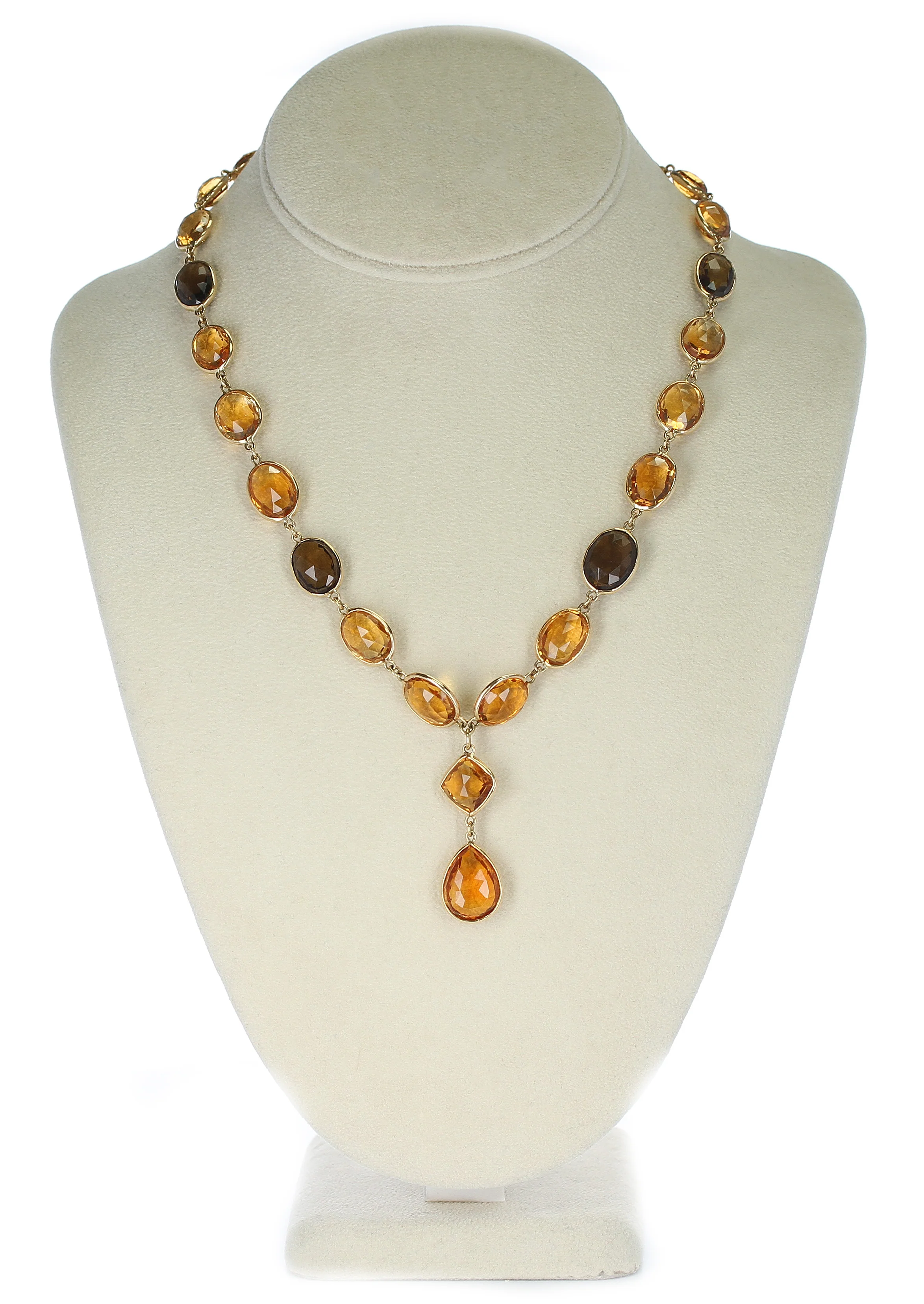 Citrine and Smoky Quartz Double Cabochon Rose Cut Fine 18K Gold Necklace