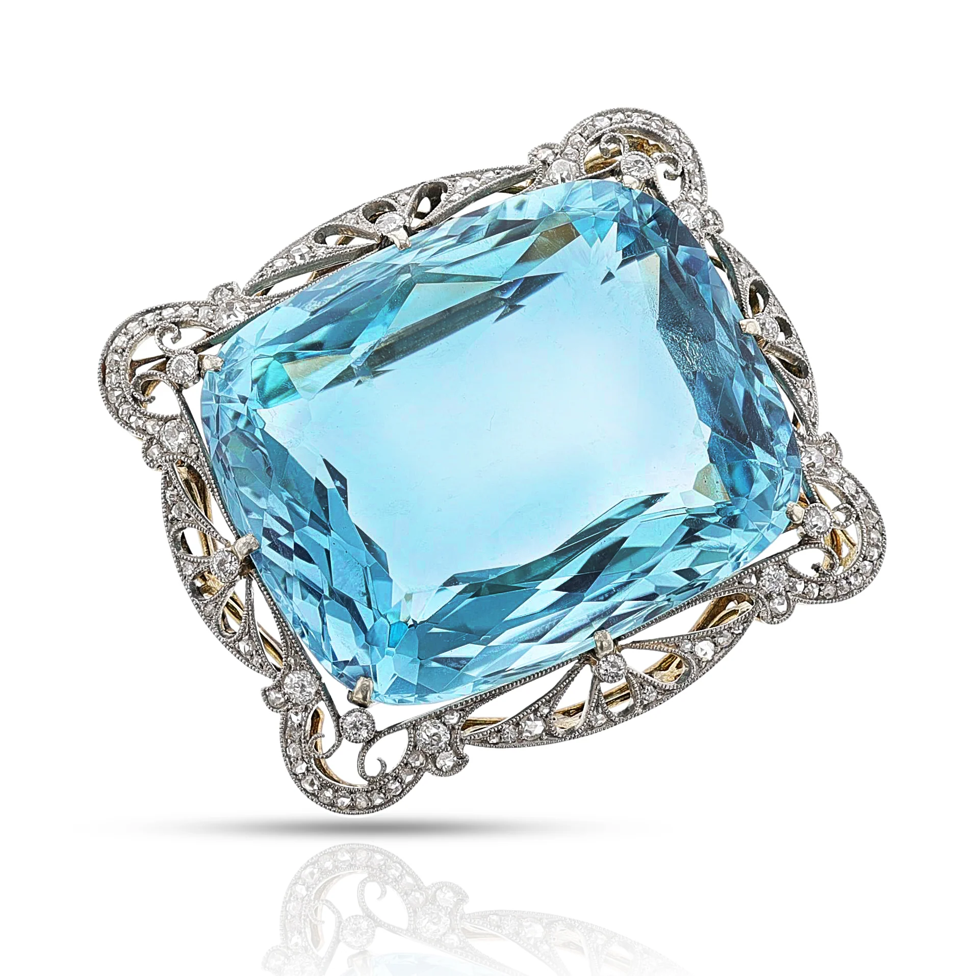 AGL Certified Natural 124.42 ct. Aquamarine and Diamond Brooch, Circa 1900s