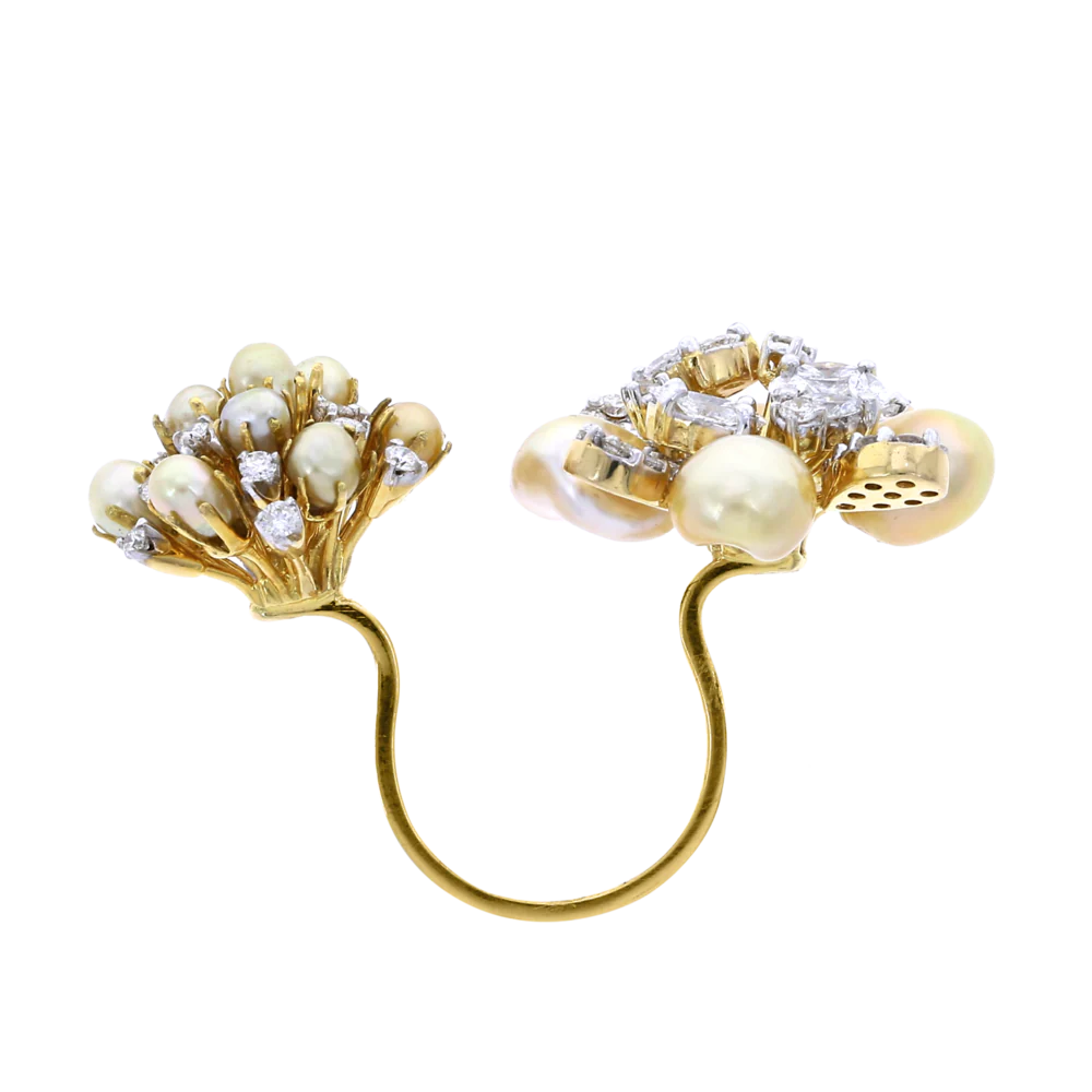 Pearl Clusters Open Ring with Mixed Cut Diamonds, 18K Gold