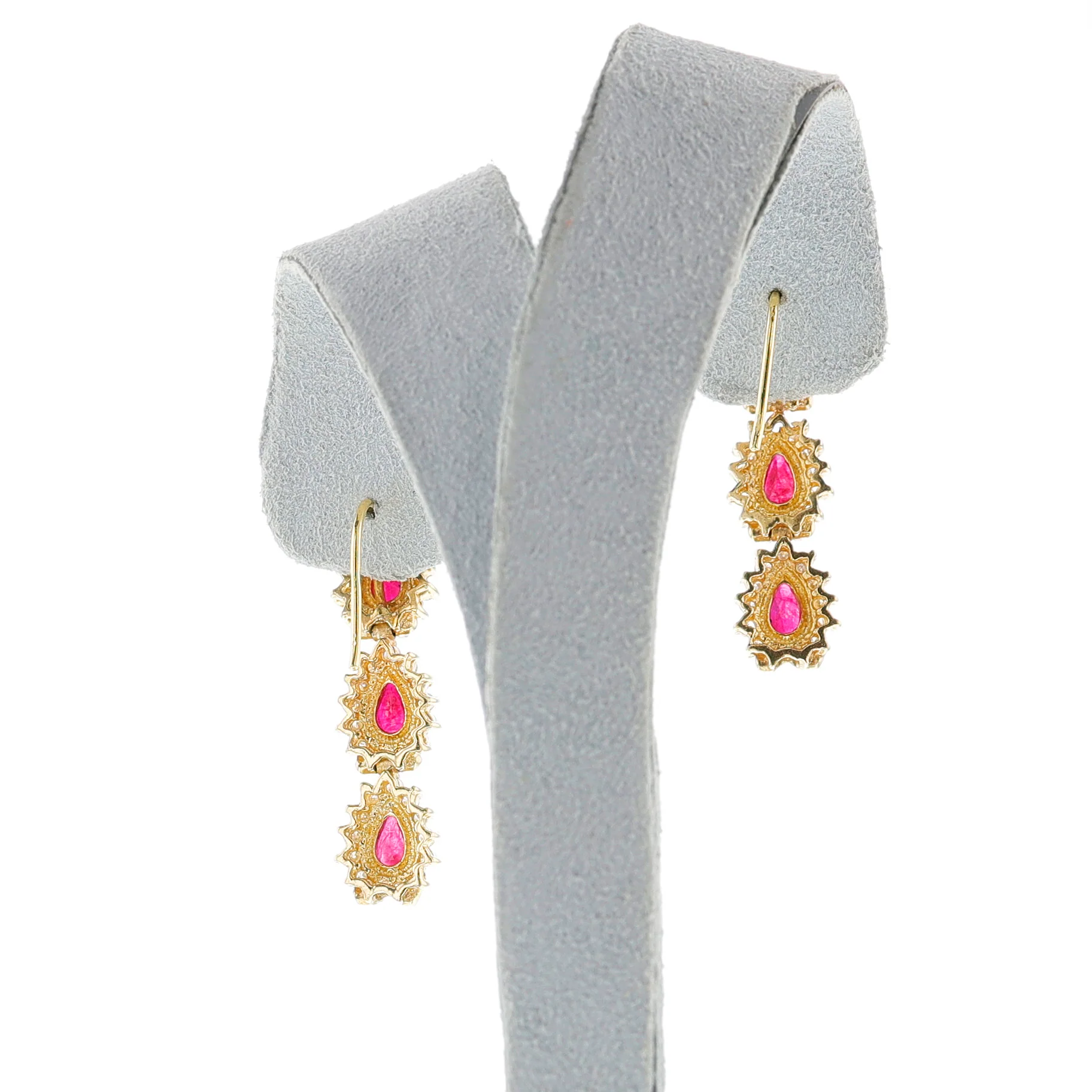 Pear Ruby and Diamond Dangling Earrings, 14k