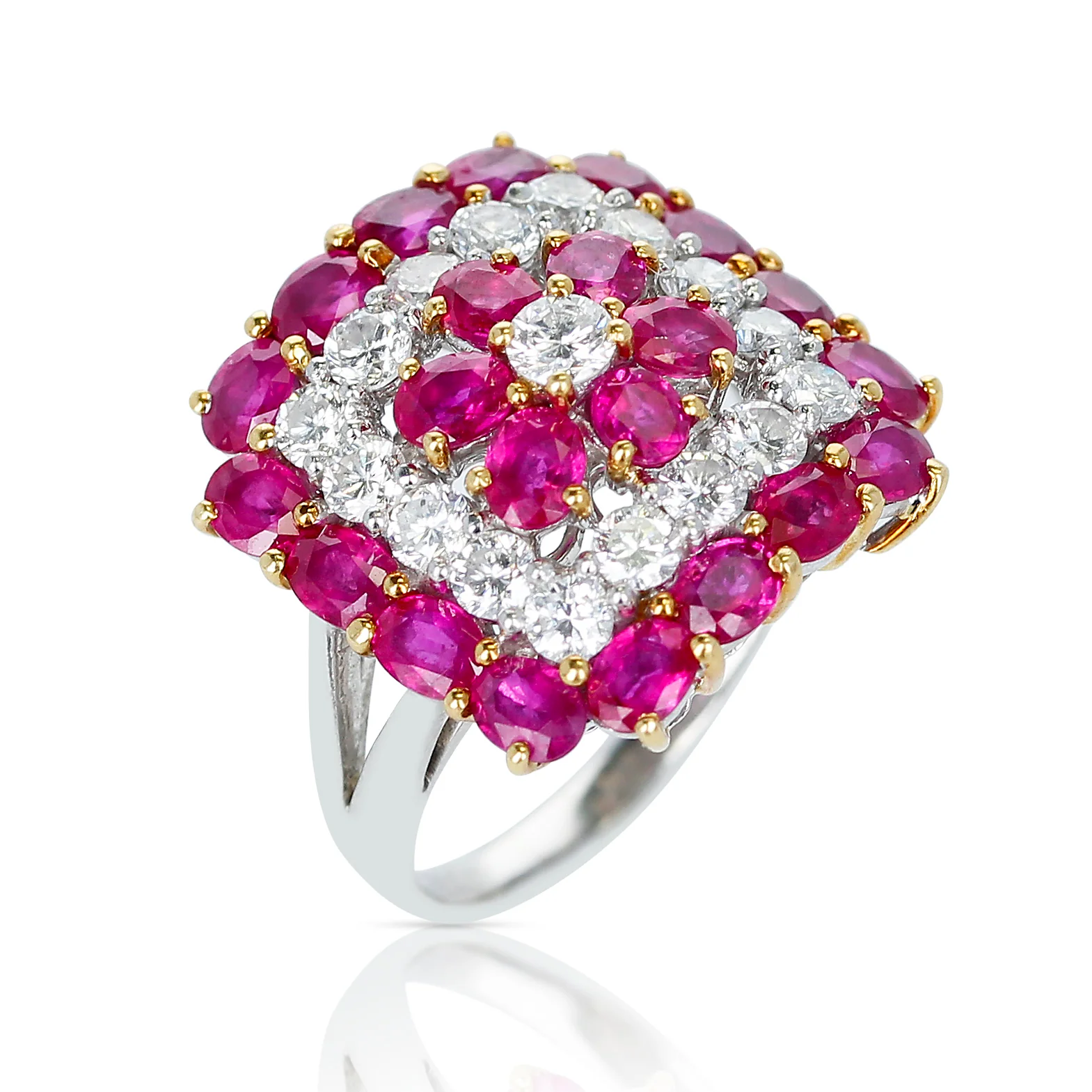 Floral-Design Ruby and Diamond Ring, Platinum & 18k Gold