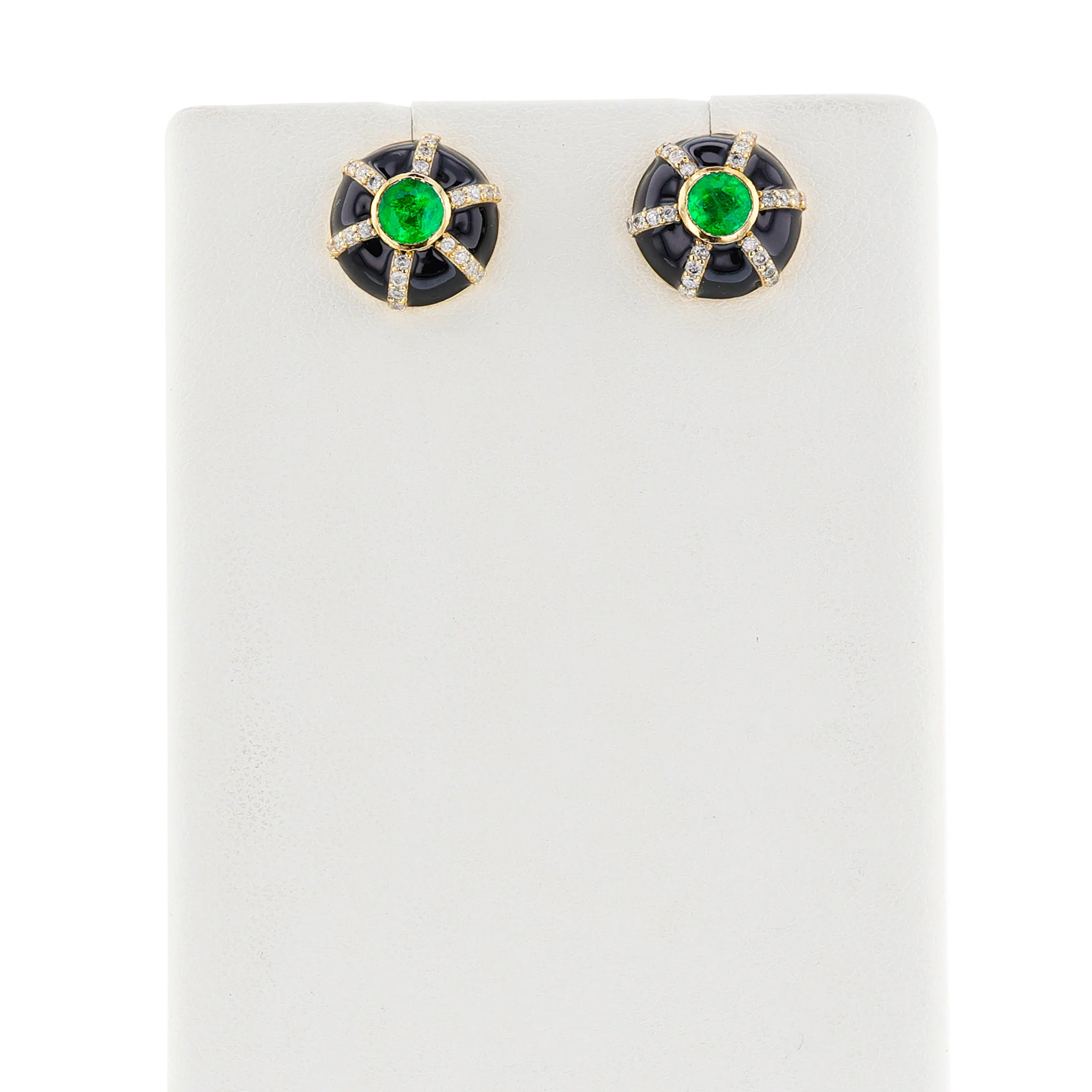 Emerald and Diamond with Black Enamel Circle Earrings, 18k