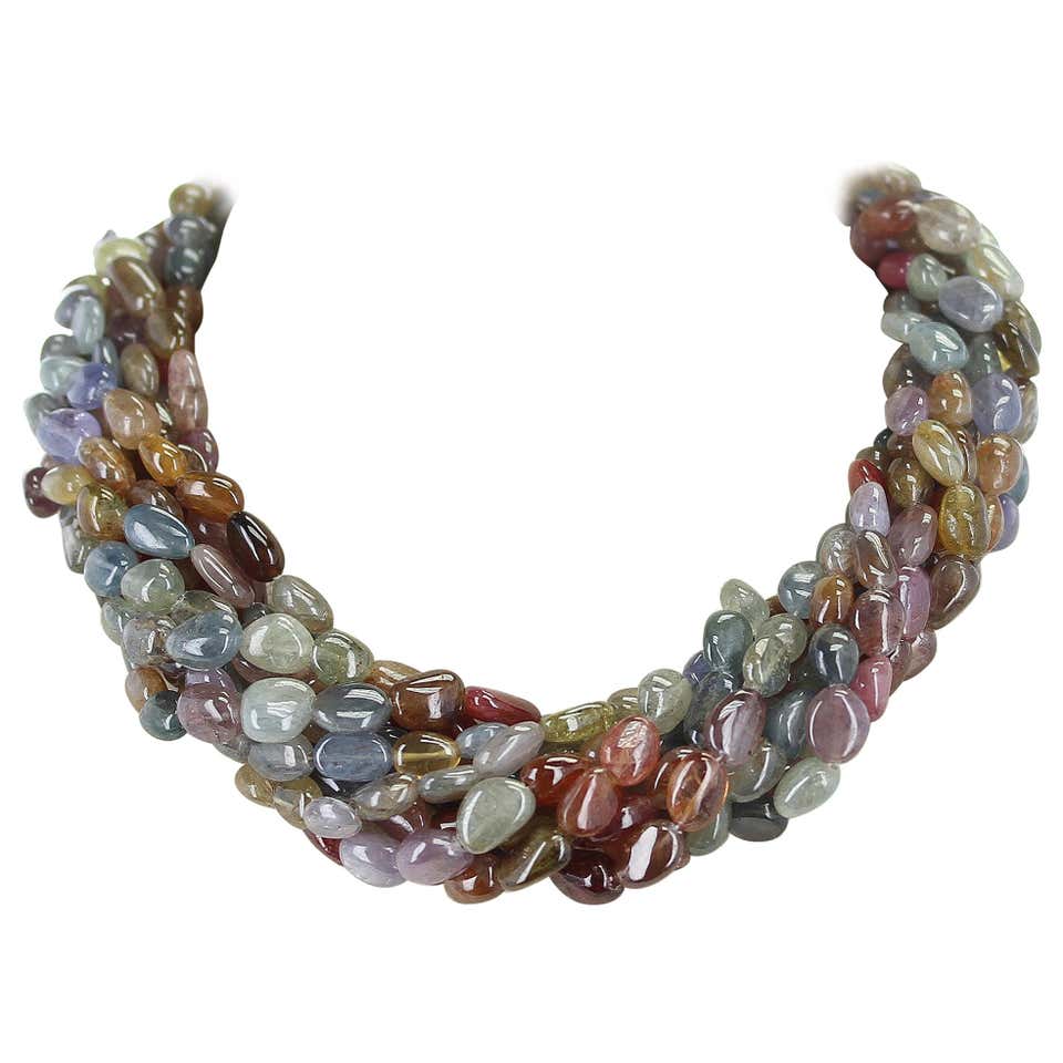 Genuine & Natural Earthy Multi-Sapphire Tumbled Beads Choker Necklace