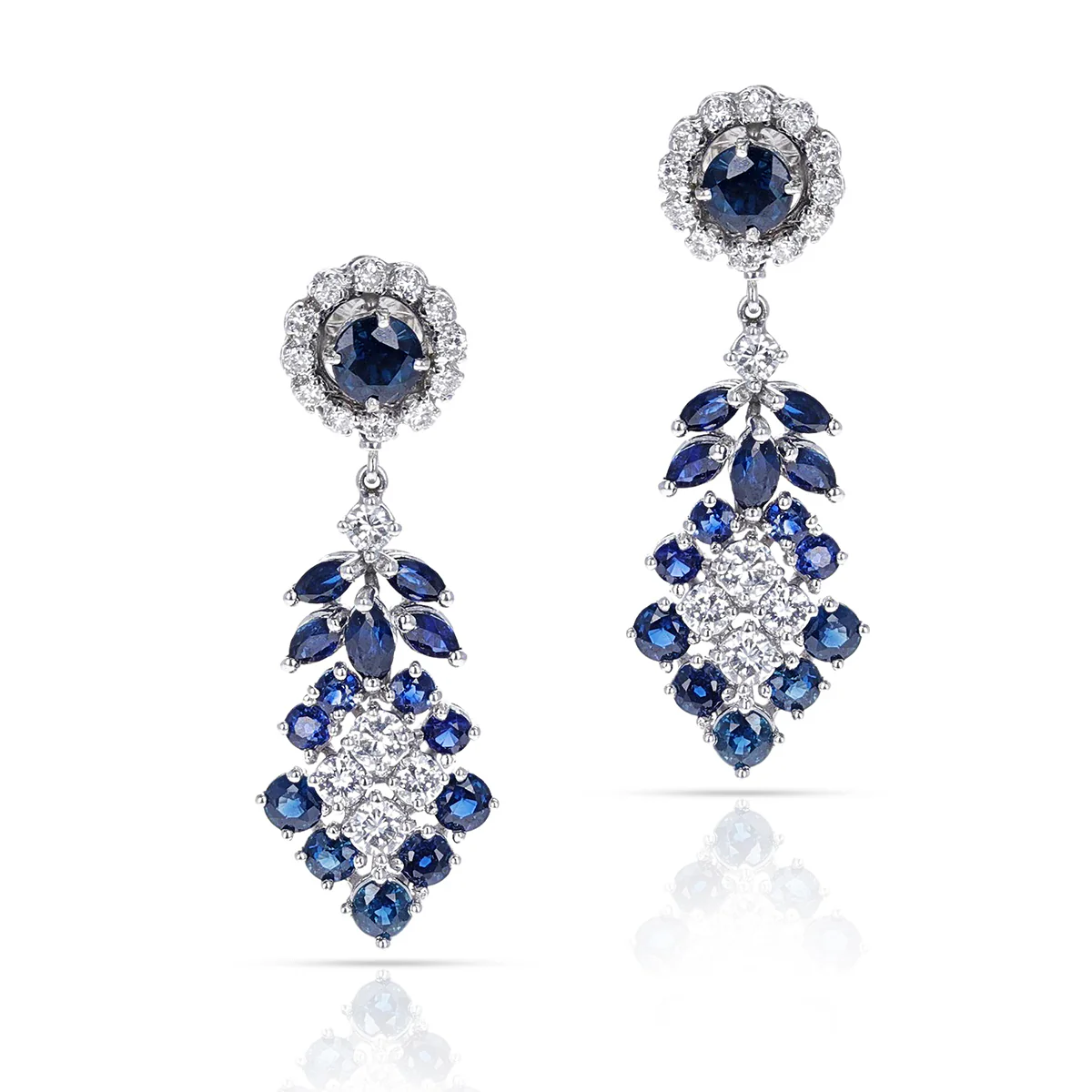 2 ct. Round Diamond and 3.50 ct. Round Sapphire Dangling Cocktail Earrings, 14K