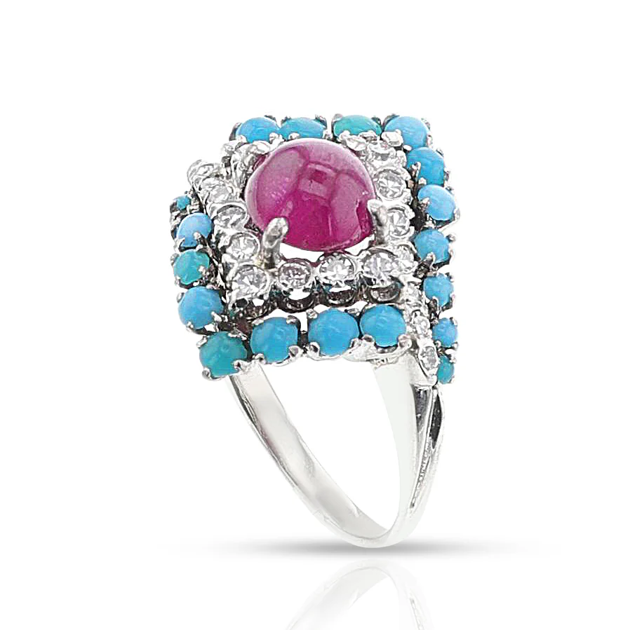 Ruby and Turquoise Cabochon Ring with Diamonds, 18k