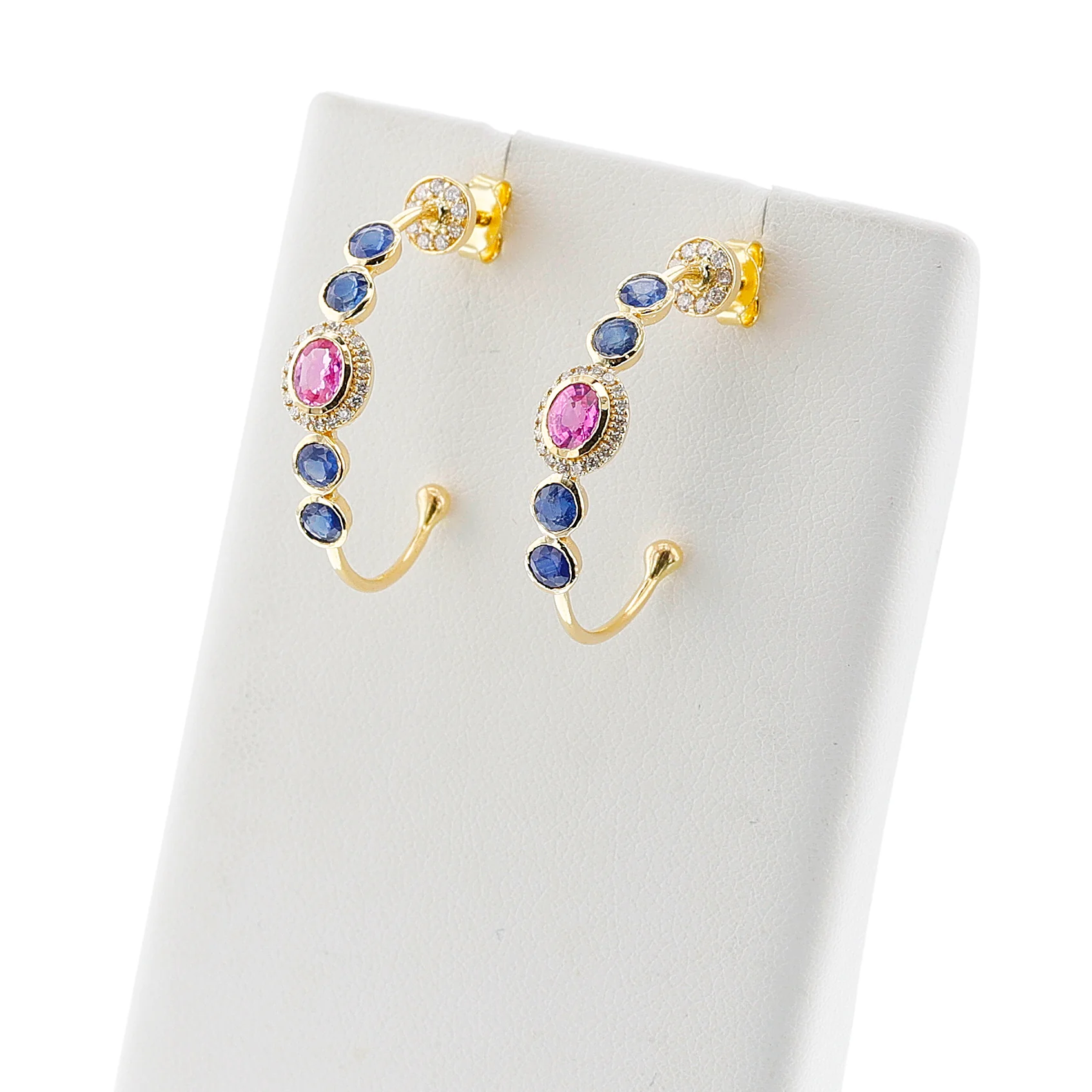 Blue Sapphire, Pink Sapphire and Diamond Hoop Earrings, 18k