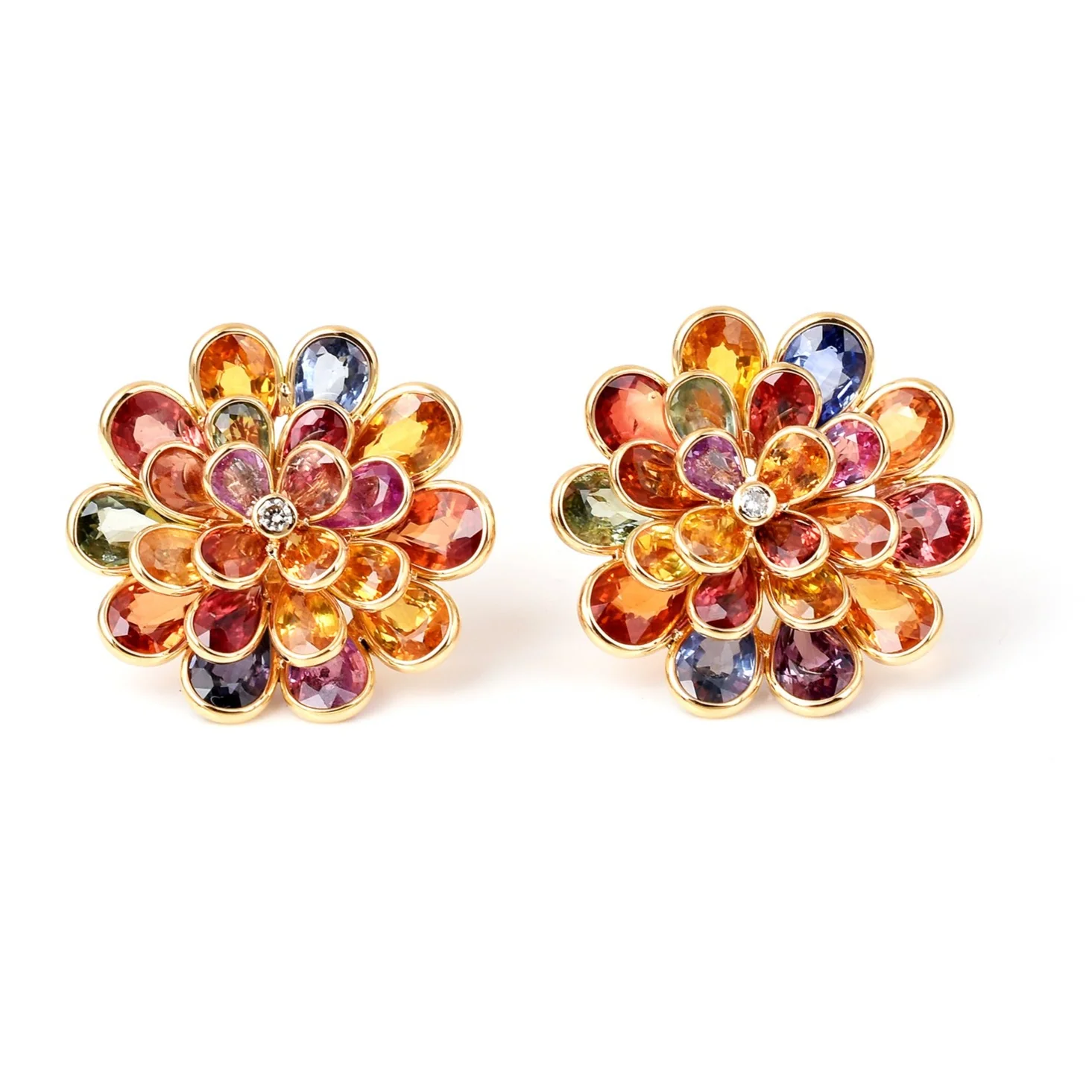 Multi Sapphire Pear Shape Bezel Set Floral Earrings,18k Yellow Gold