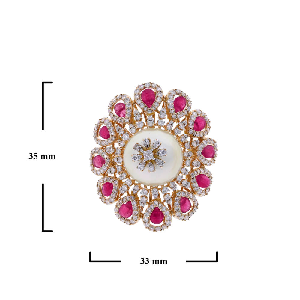 Ruby and Pearl Blooming Flower Ring with Diamonds