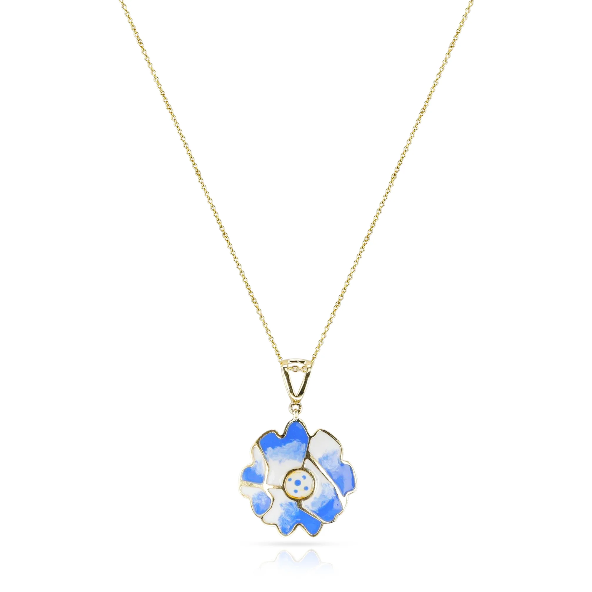 White and Blue Floral and Gold Lining Kintsugi Pendant Necklace, 14K