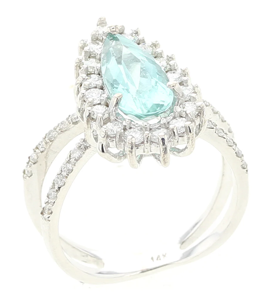 Greenish Blue Pear Tourmaline Ring with Diamonds, White Gold