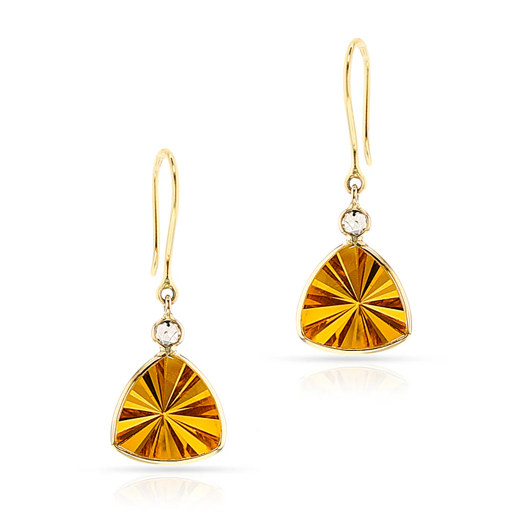 Triangular Citrine and Diamond Rose Cut Hoop Earrings, 18k