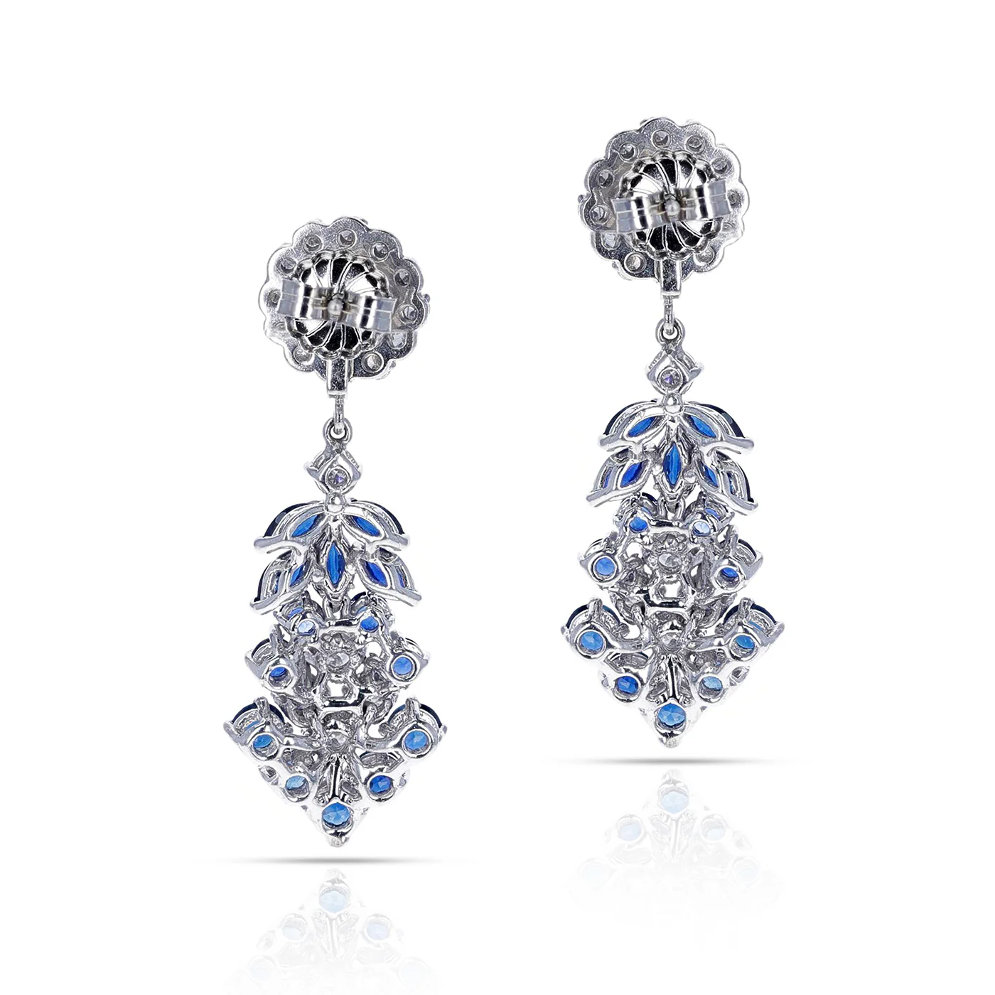 2 ct. Round Diamond and 3.50 ct. Round Sapphire Dangling Cocktail Earrings, 14K