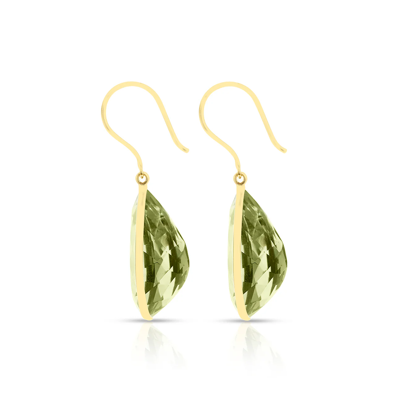 Green Amethyst Pear Cushion Cut Shape Dangling Earrings made in 18 Karat Yellow Gold.