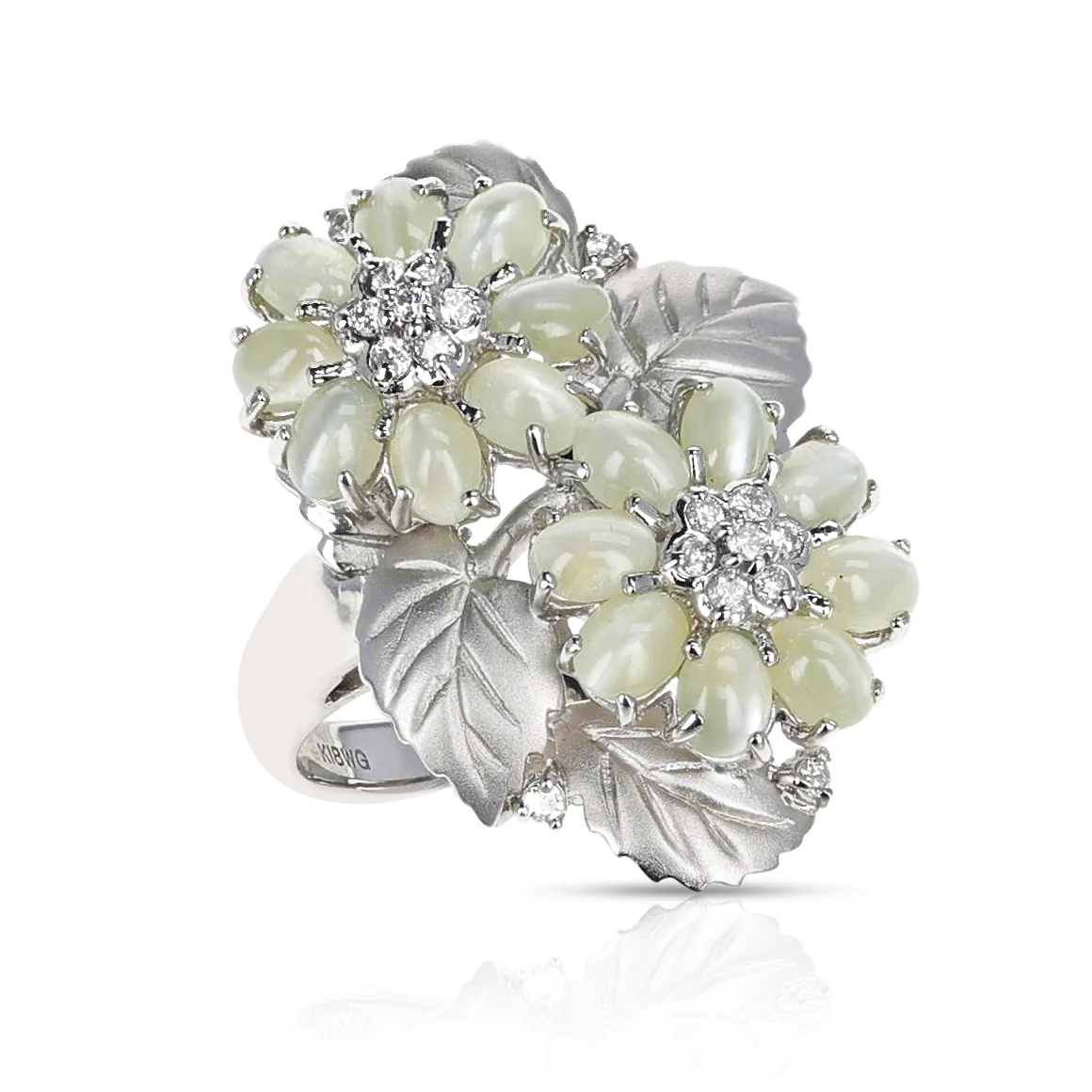 Cat's Eye Tourmaline Cabochon Double Flower and Diamond Ring, 18K