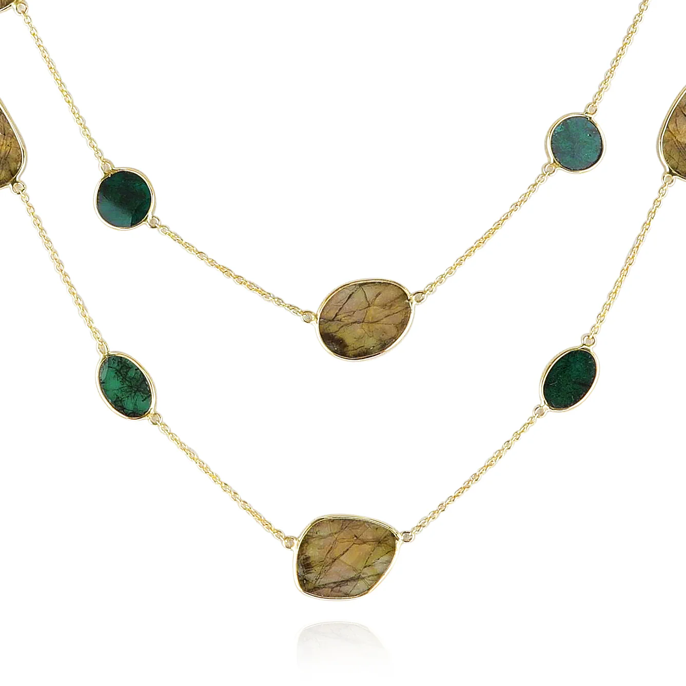 Blue and Brown Diamond Slices Double Line Necklace, 14k