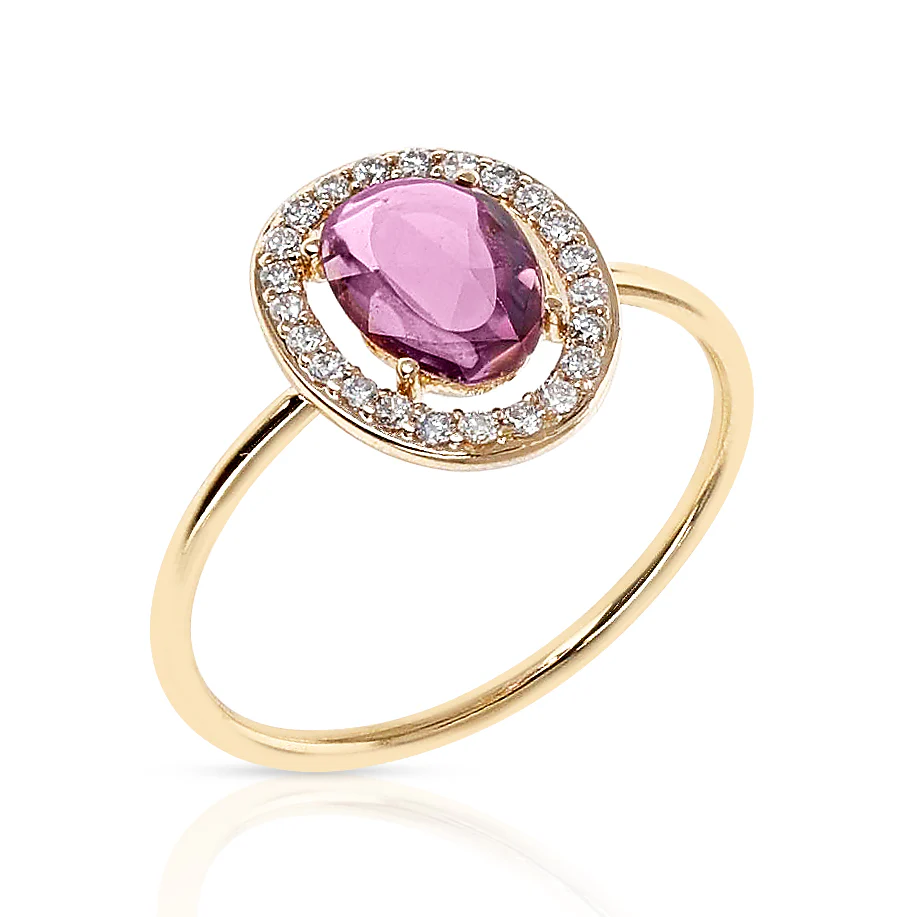 Pink Sapphire Rose Cut Ring with Diamond Halo Setting, 18k Yellow Gold