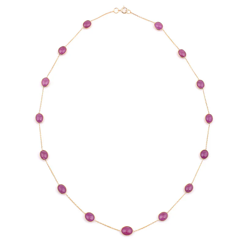 Dark Green and Red Tourmaline Cabochon Necklace, 18K Gold