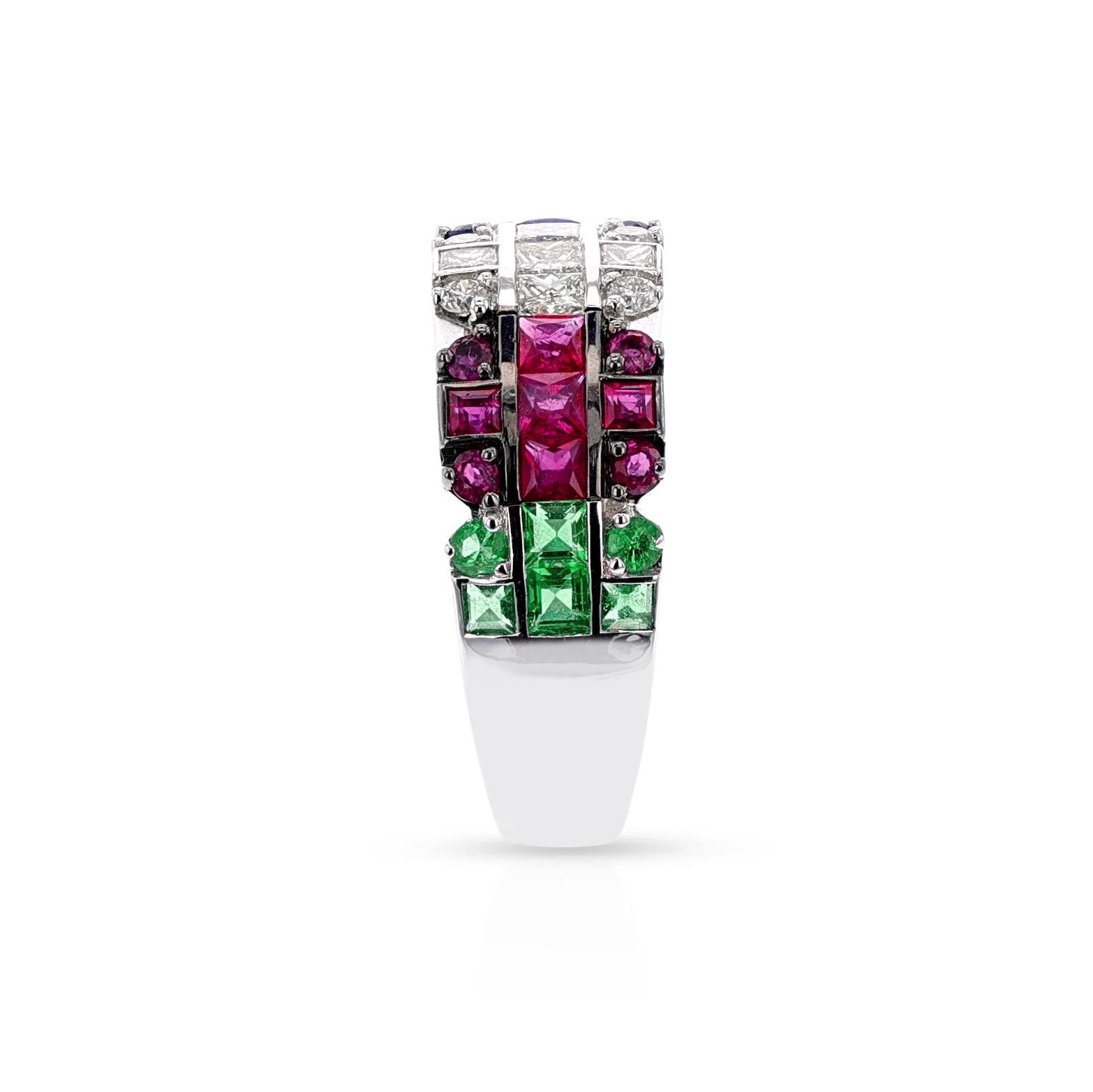 Diamond, Emerald, Ruby, Sapphire Ring, 18k White