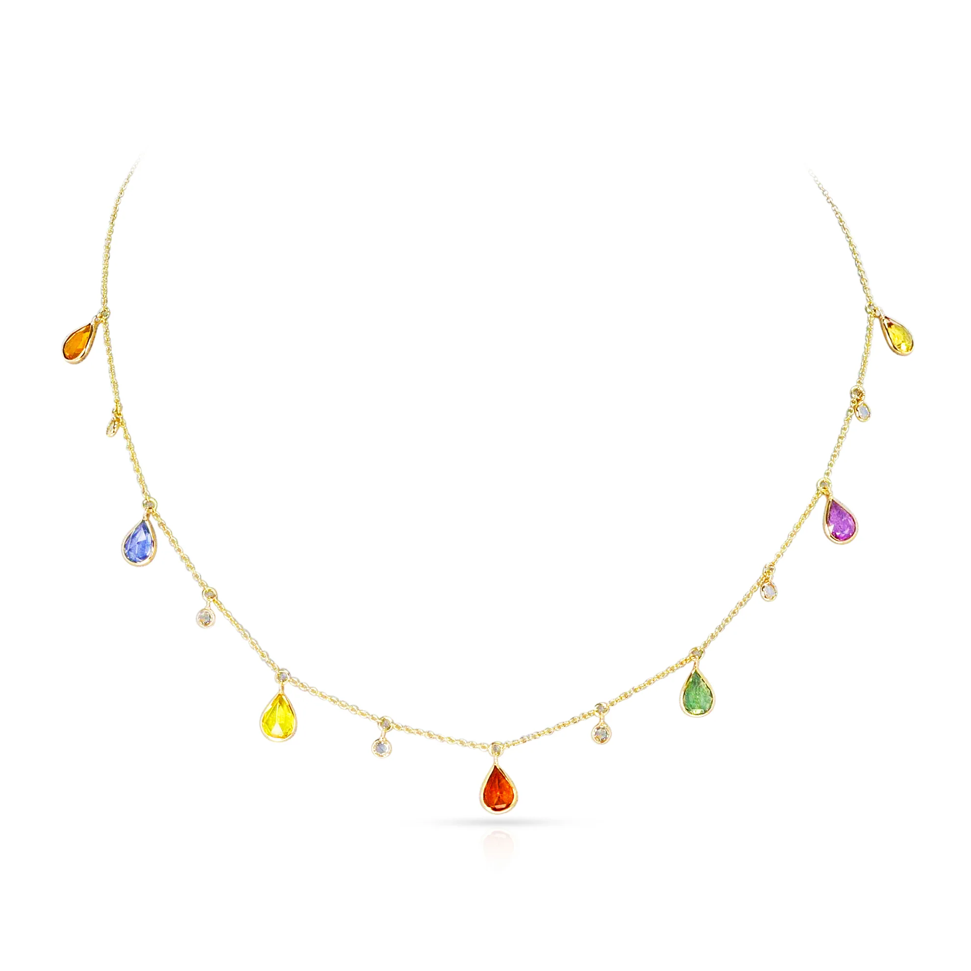 Pear Shape Multi-Sapphire and Diamond Rose Cut Drops Necklace, 18K