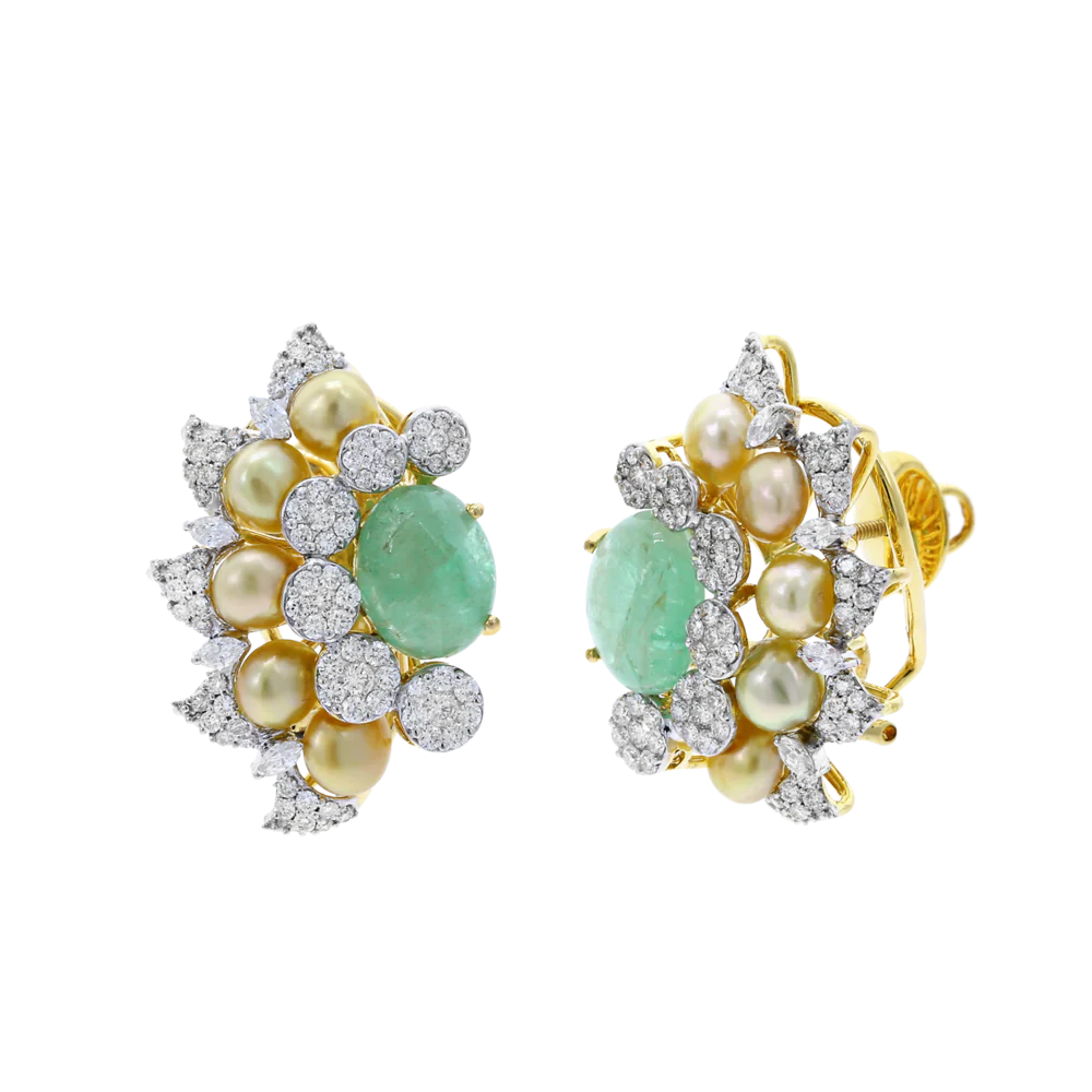 Curved Emerald, Diamond, and Pearl Earrings, 18K Gold