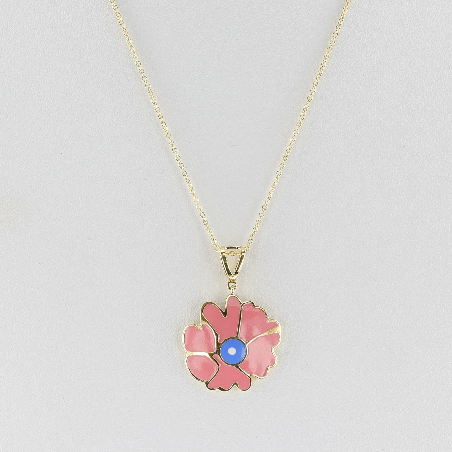Pink and Blue Floral Enamel and Gold Lining Kintsugi Pendant Necklace, 14k