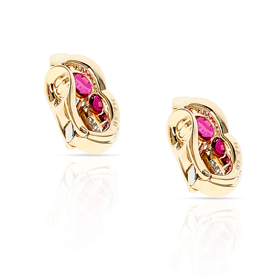 Pear, Oval and Square Ruby with Round and Baguette Diamond Earrings, 18K Gold