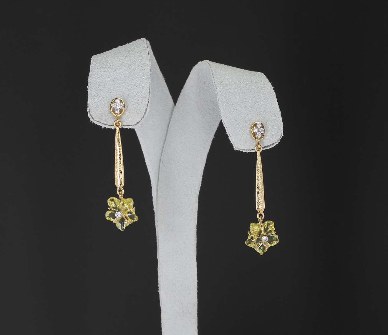 Carved Floral Lemon Topaz Drop Earrings with Diamonds, 14 Karat Gold