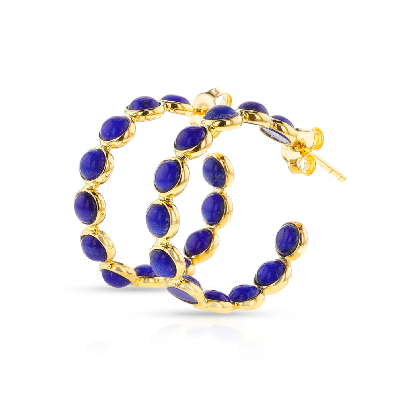 Round Lapis Cabochon Hoops, 14k