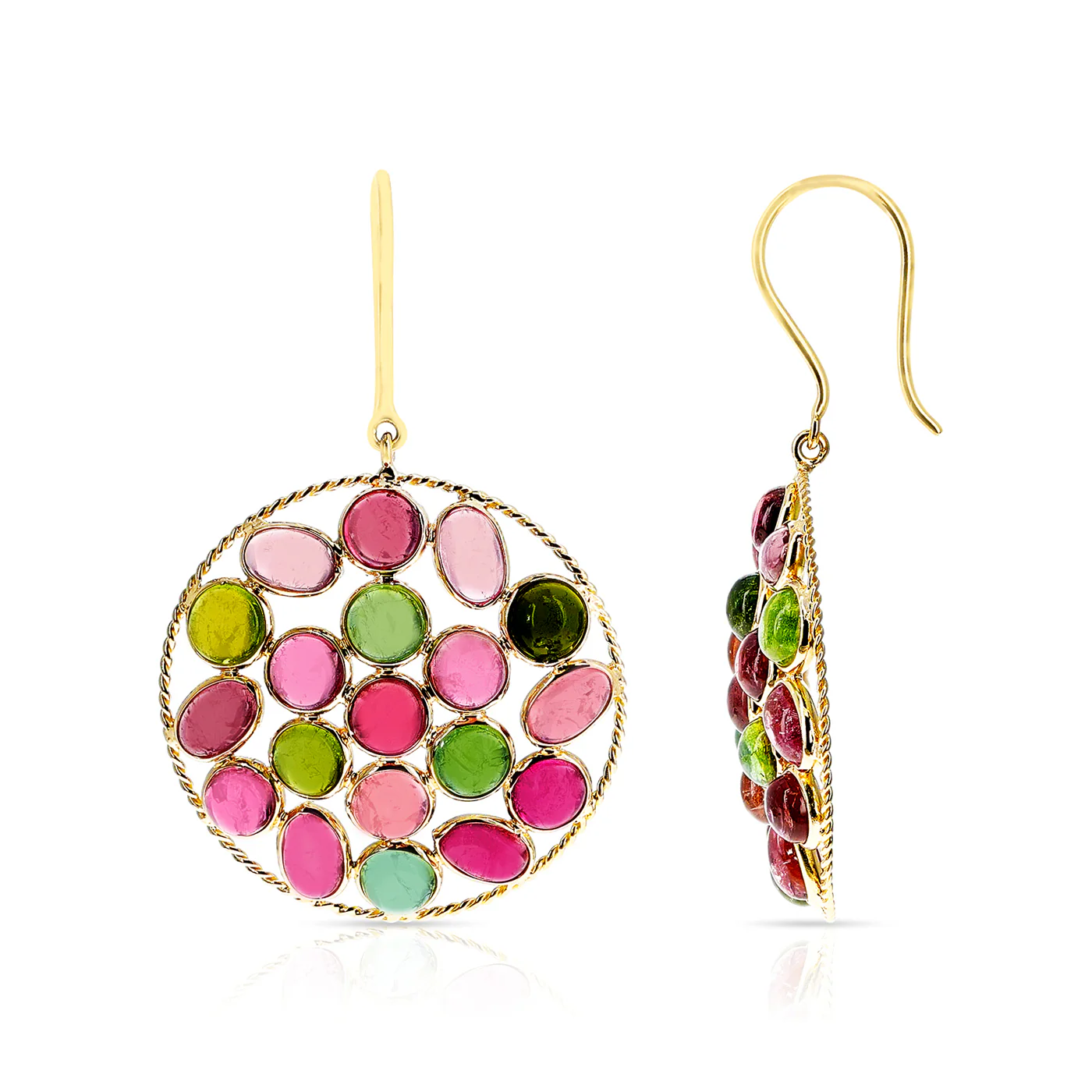 Round Shape Dangling Tourmaline Cabochon Earrings, 18k