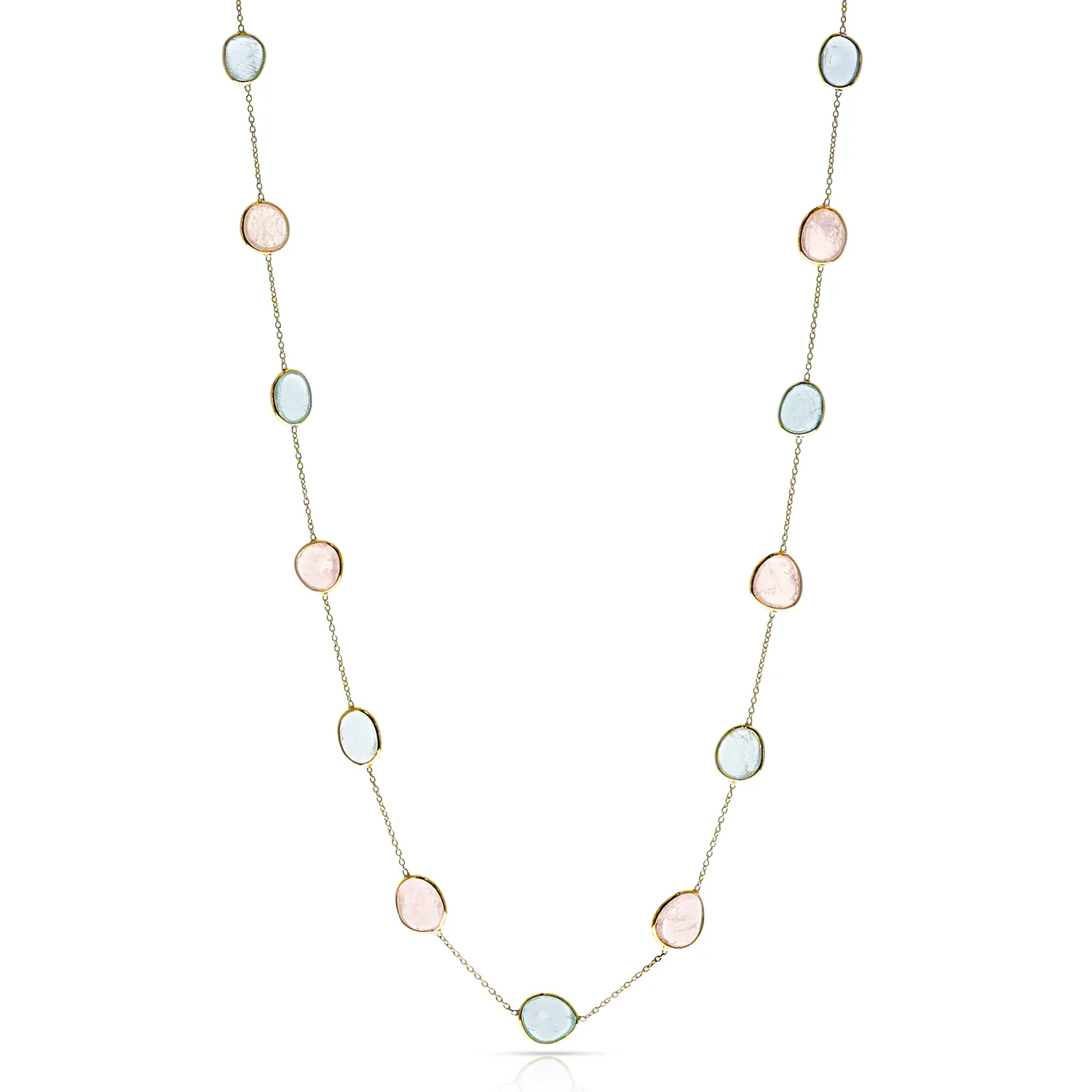 Mixed Cut shape Blue Topaz and Rose Quartz Necklace, 18 Karat Gold