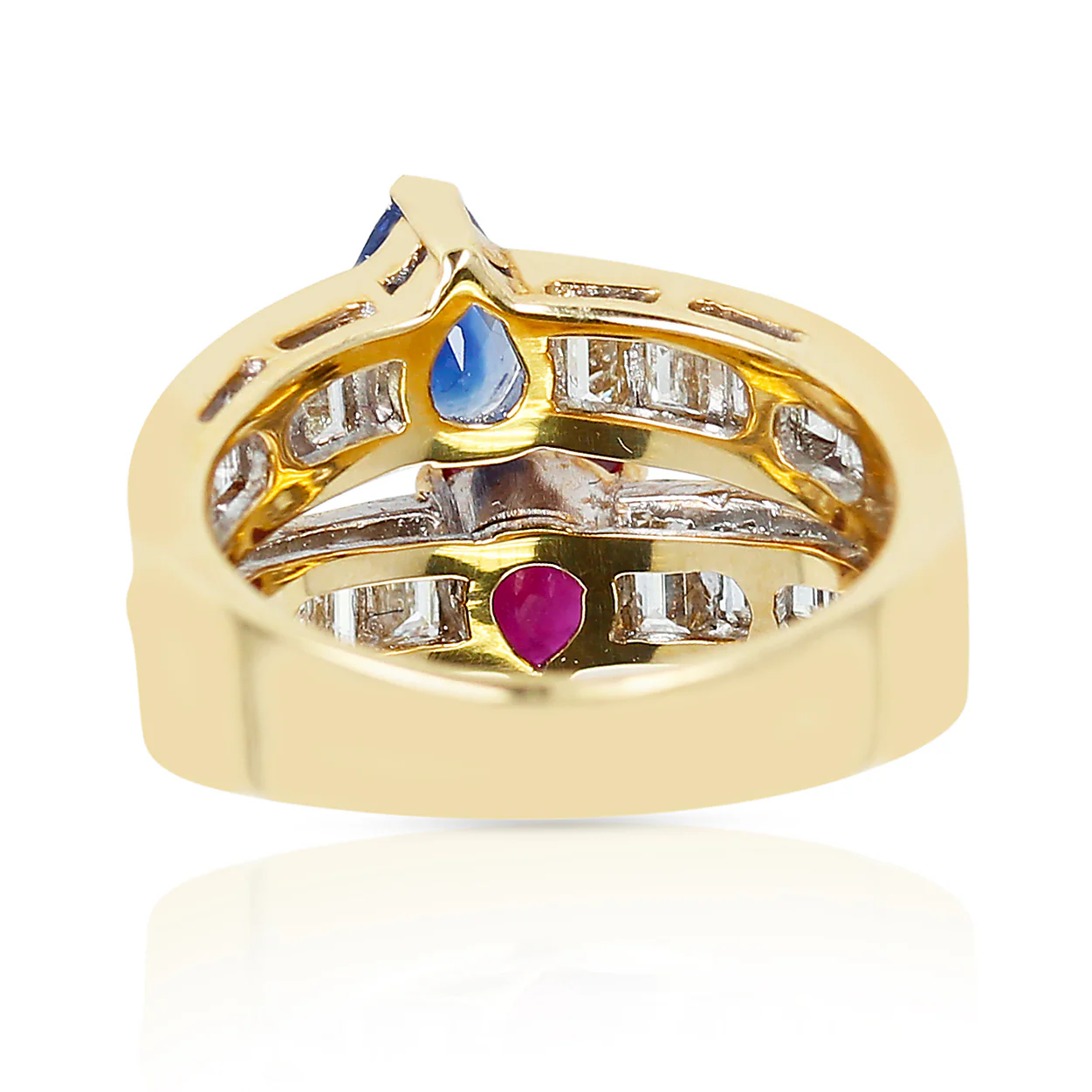 Pear Shape Sapphire and Ruby Ring with Emerald-Cut Diamonds, 18k Yellow Gold