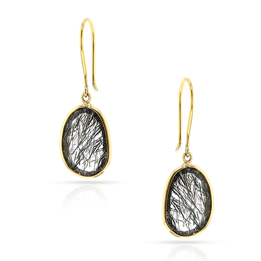 Black Rutilated Quartz Hoop Earrings, 18k