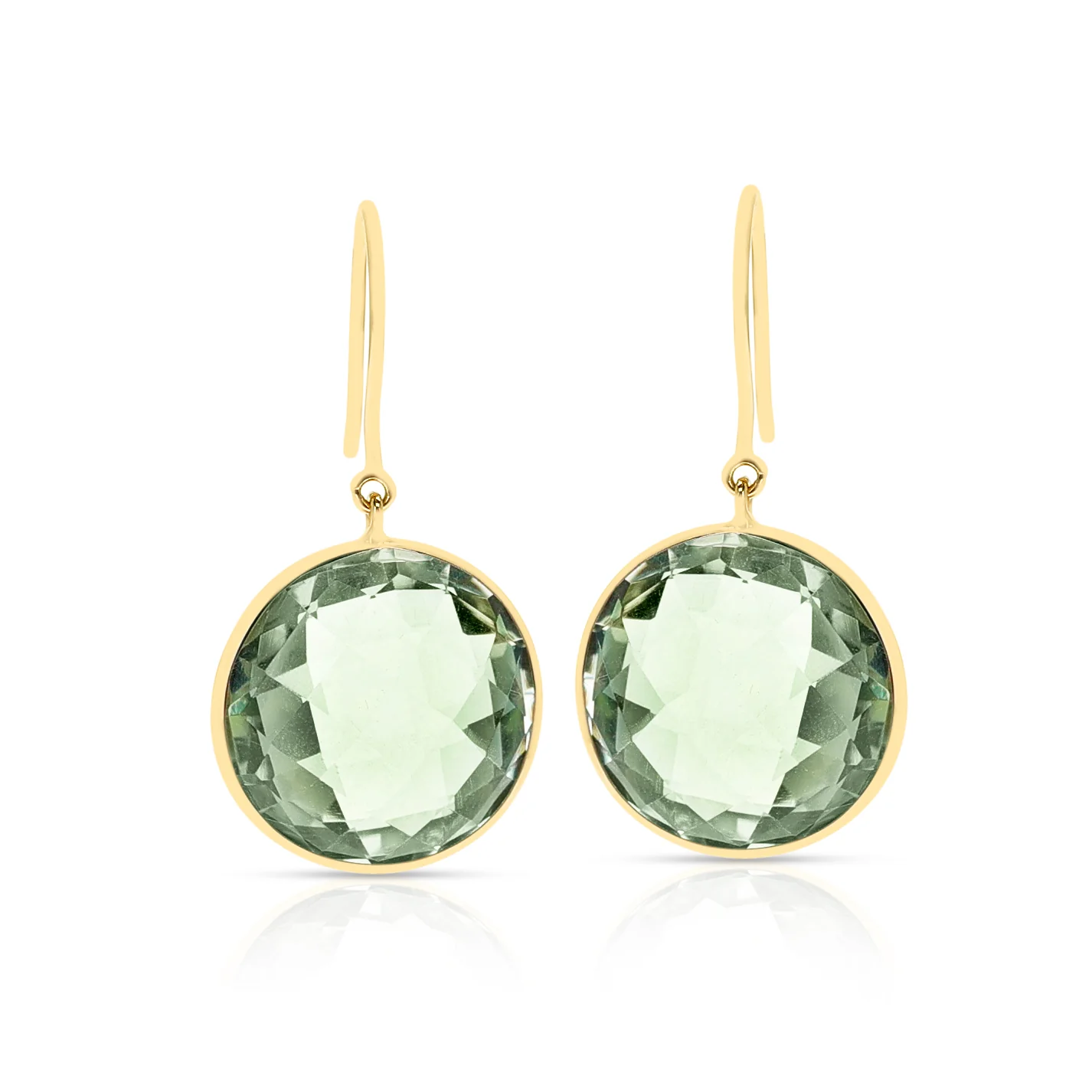 Green Amethyst Round Shape Dangling Earrings made in 18 Karat Yellow Gold.