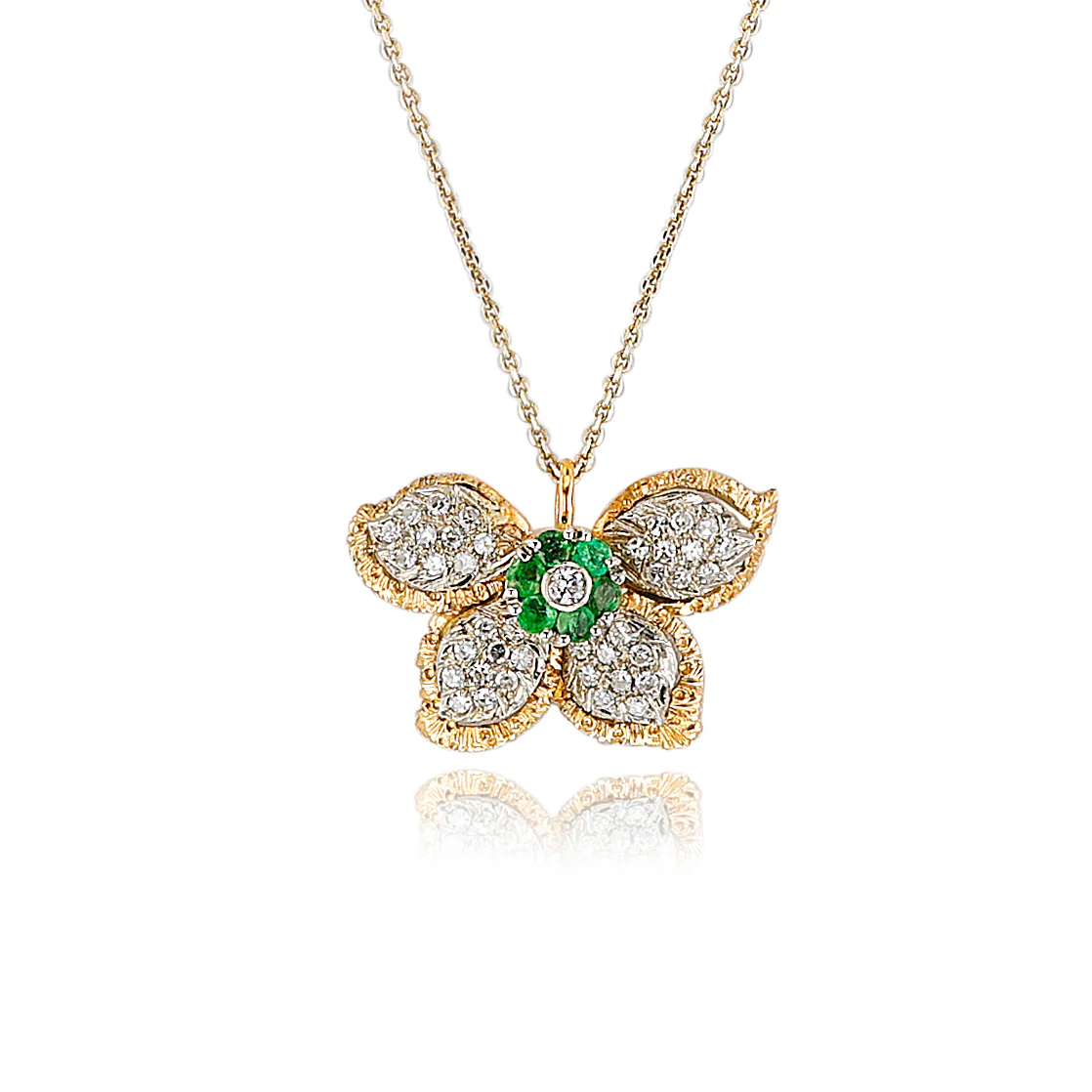 Floral Diamond and Emerald Earring, Ring, Pendant Set, 18k