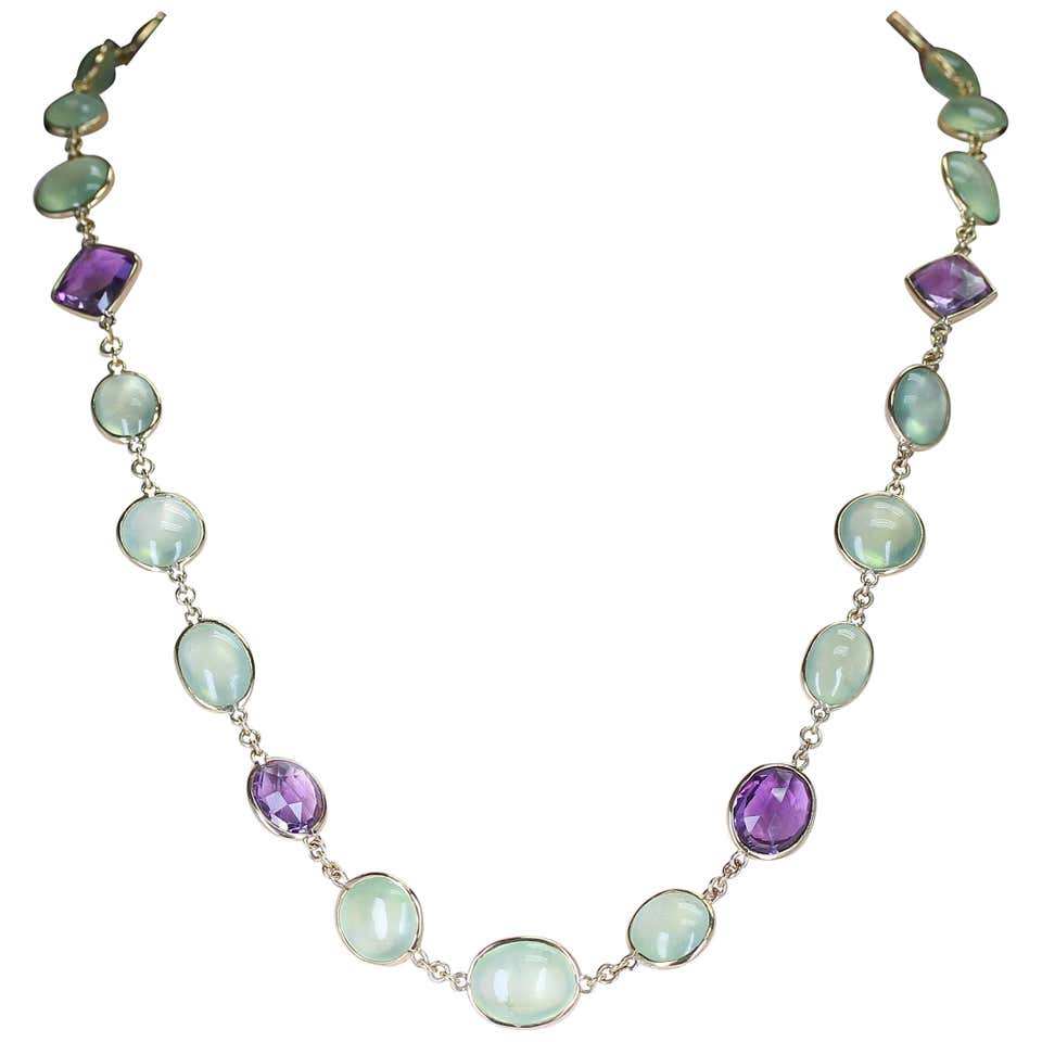 Amethyst and Green Prehnite Double Cabochon Fine 18K Yellow Gold Necklace