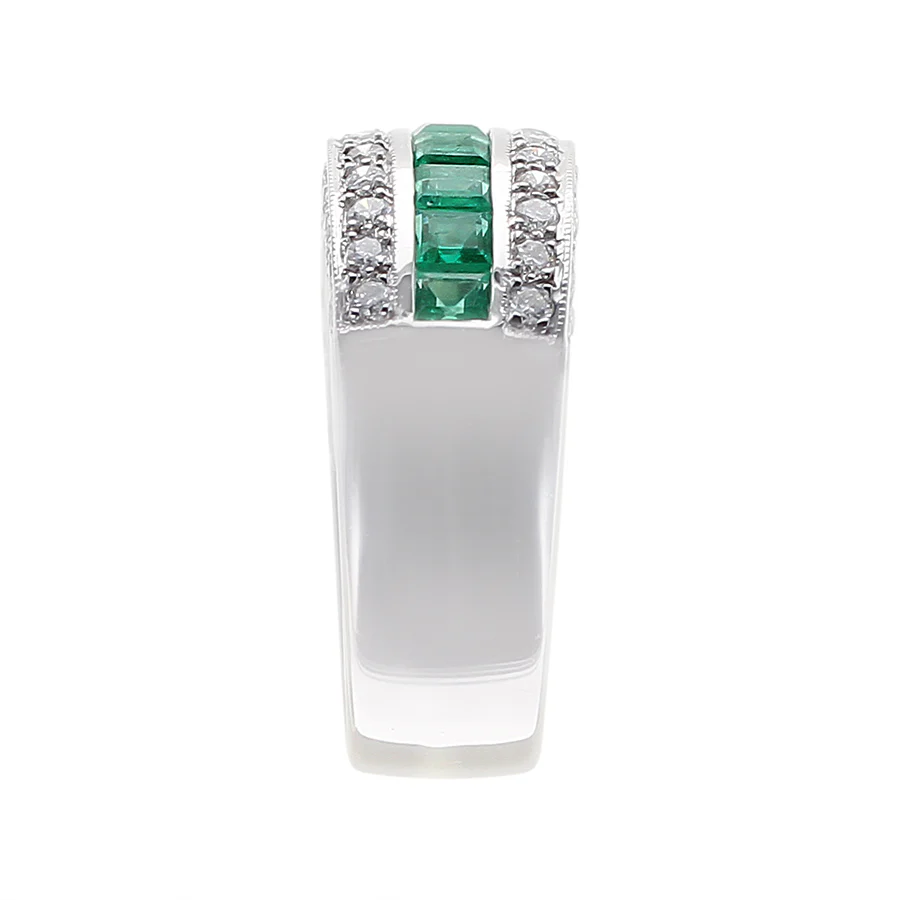 Channel Invisibly Set Square Emeralds with Round Diamonds Half-Eternity Band Ring