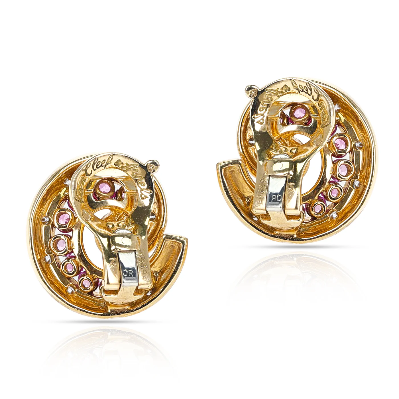 French Van Cleef & Arpels Retro Pink Sapphire and Diamond Swirl Earrings, 18K