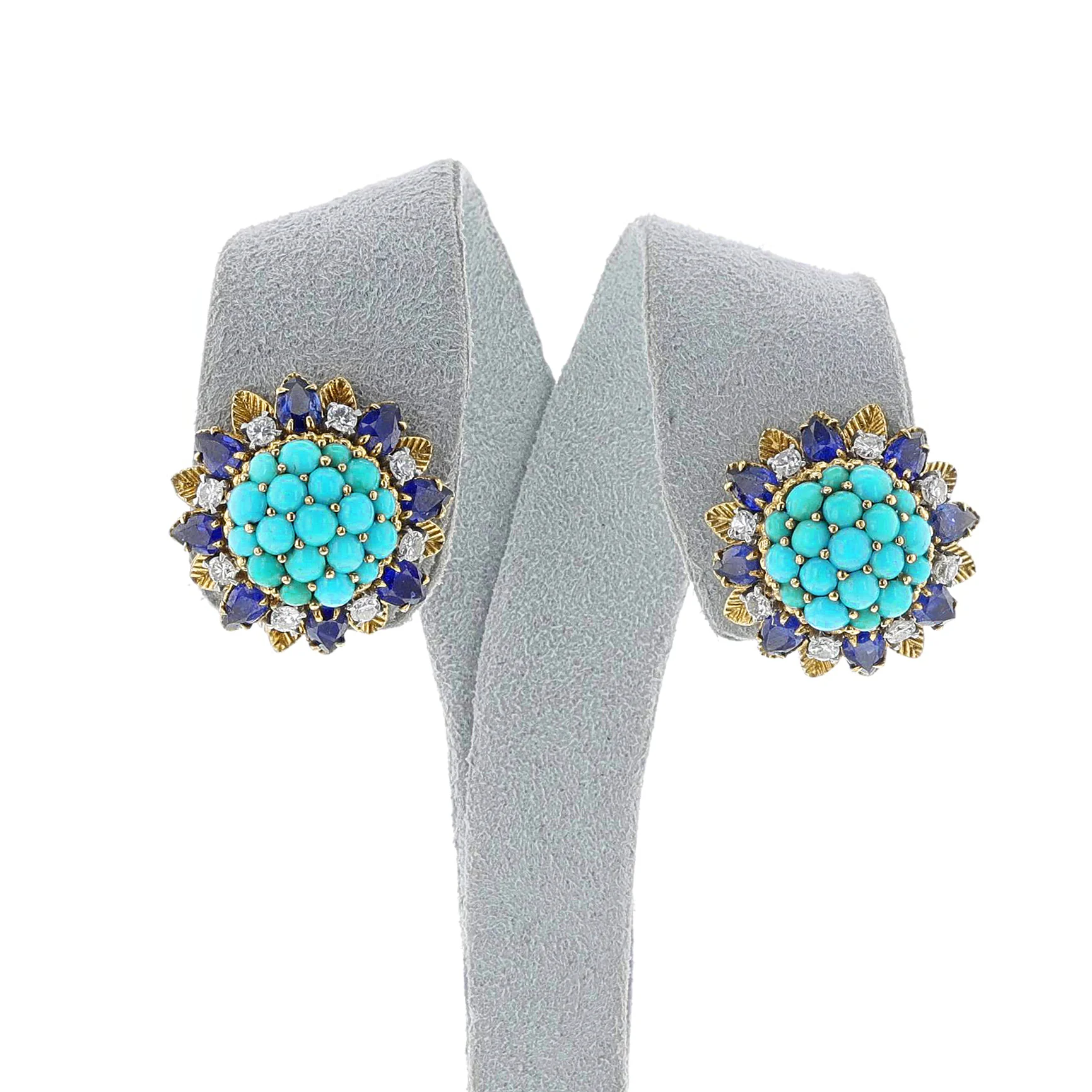 Turquoise Cabochon and Sapphire and Diamond Cluster Earrings, 18k